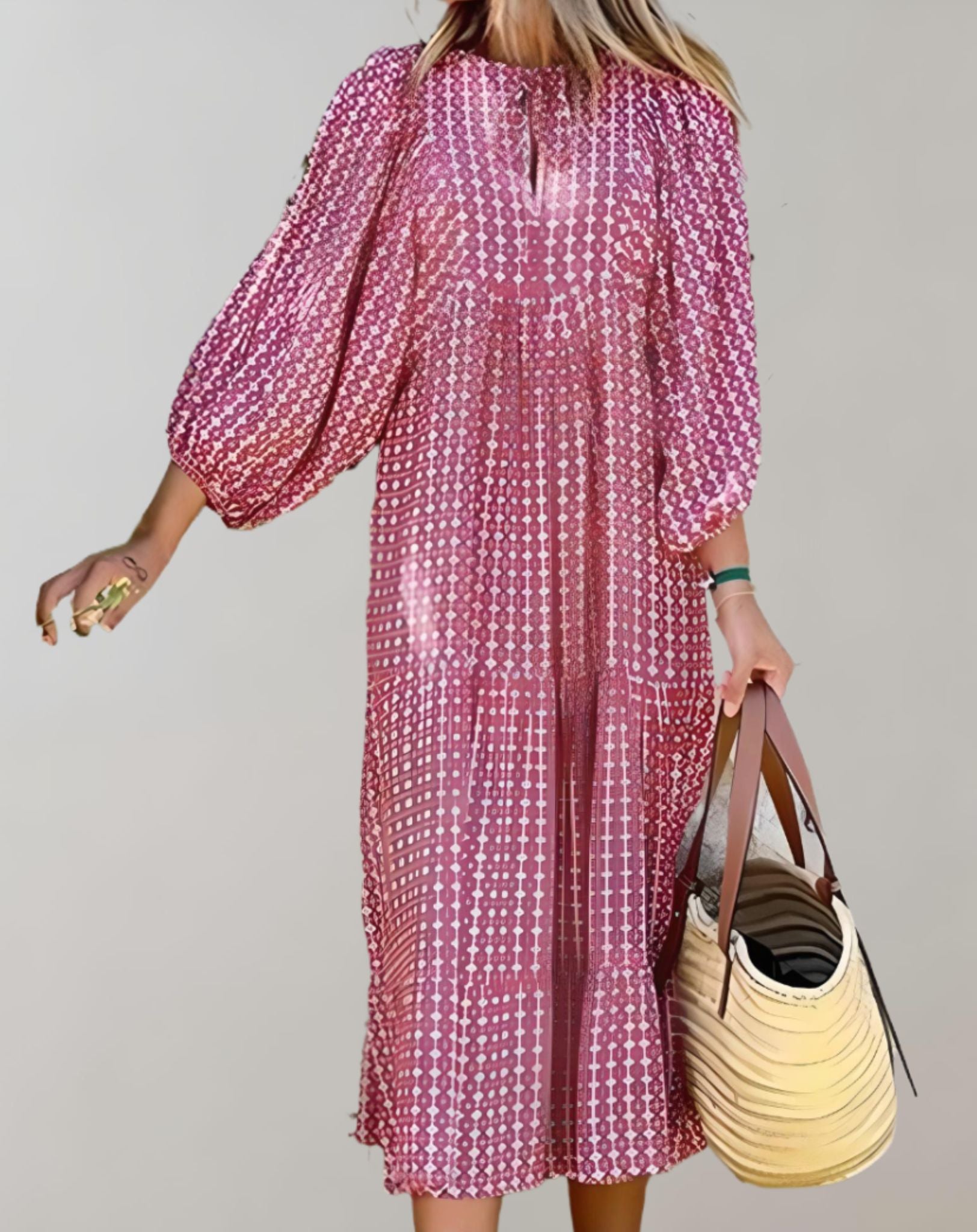 Dana -  Lockeres langes Kleid mit halblangen Puffärmeln und zufälligem Design Kleid
