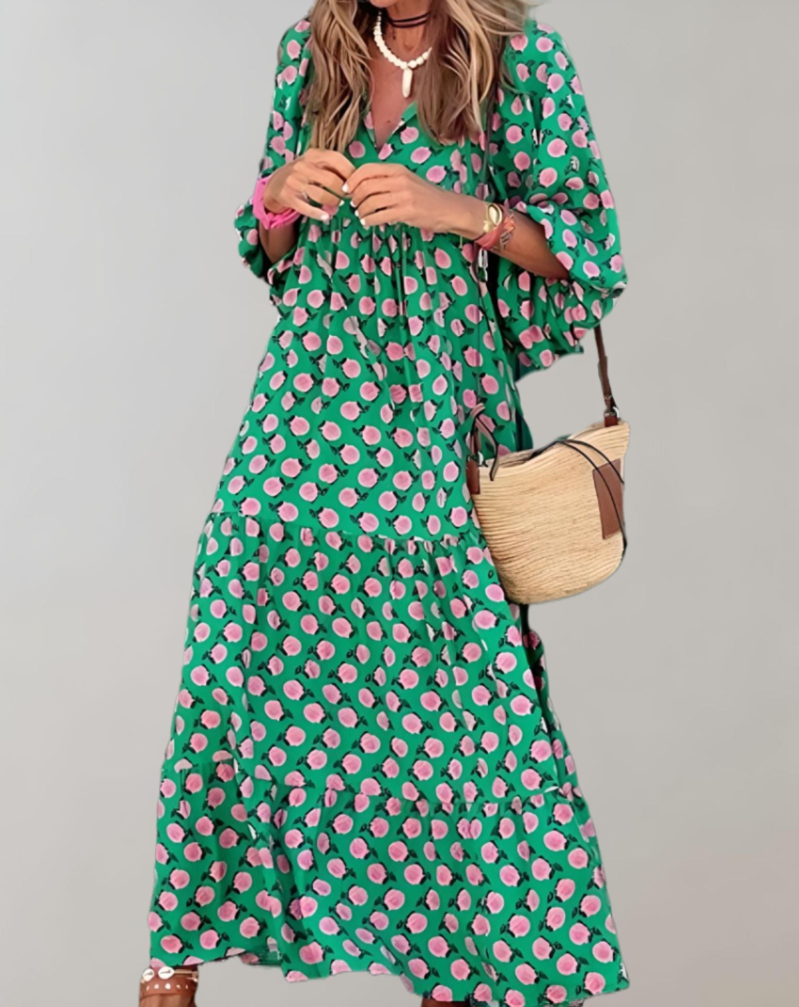 Dana -  Lockeres langes Kleid mit halblangen Puffärmeln und zufälligem Design Kleid