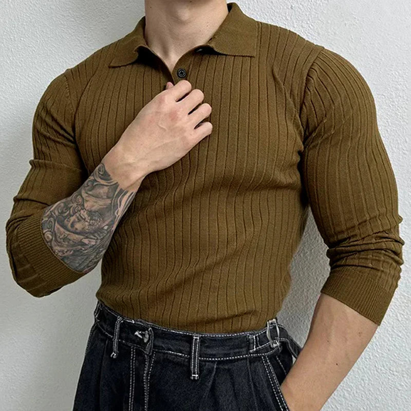 Stylisches Herren Strick Polohemd – Slim Fit, Langarm und Gerippt