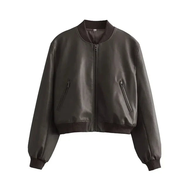 WOLFF - Damen Bomberjacke aus PU-Leder im Vintage-Stil mit Stehkragen und praktischem Frontreißverschluss