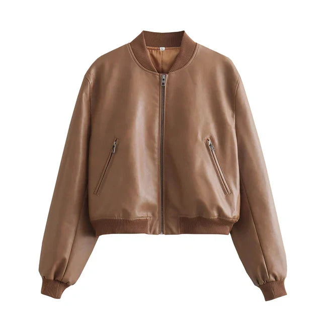 WOLFF - Damen Bomberjacke aus PU-Leder im Vintage-Stil mit Stehkragen und praktischem Frontreißverschluss