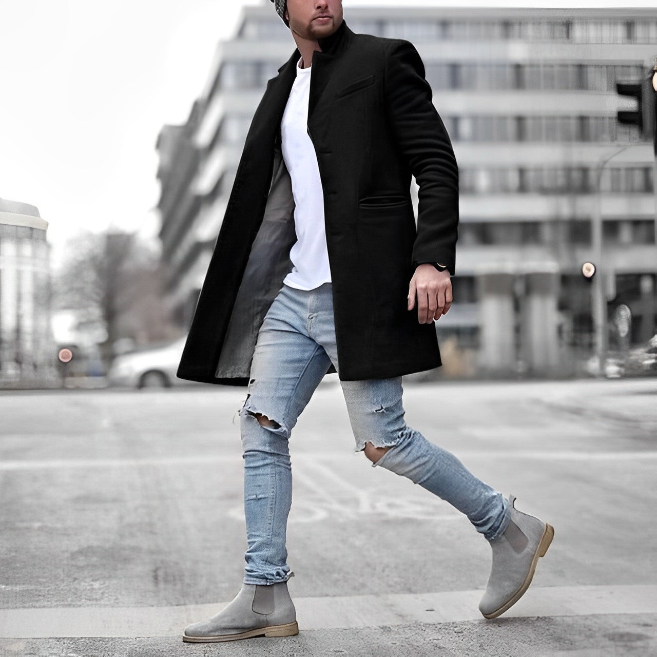 Eleganter Herren-Wollmantel in Grau – Stilvoller Mantel mit Reverskragen für den modernen Look