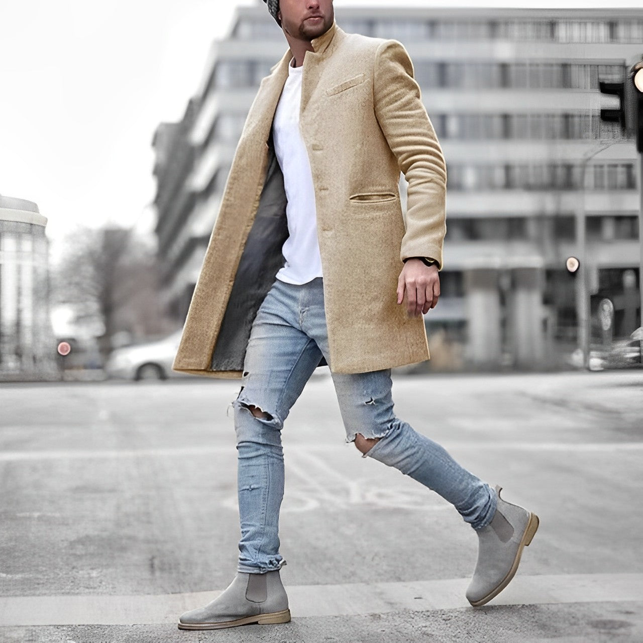 Eleganter Herren-Wollmantel in Grau – Stilvoller Mantel mit Reverskragen für den modernen Look