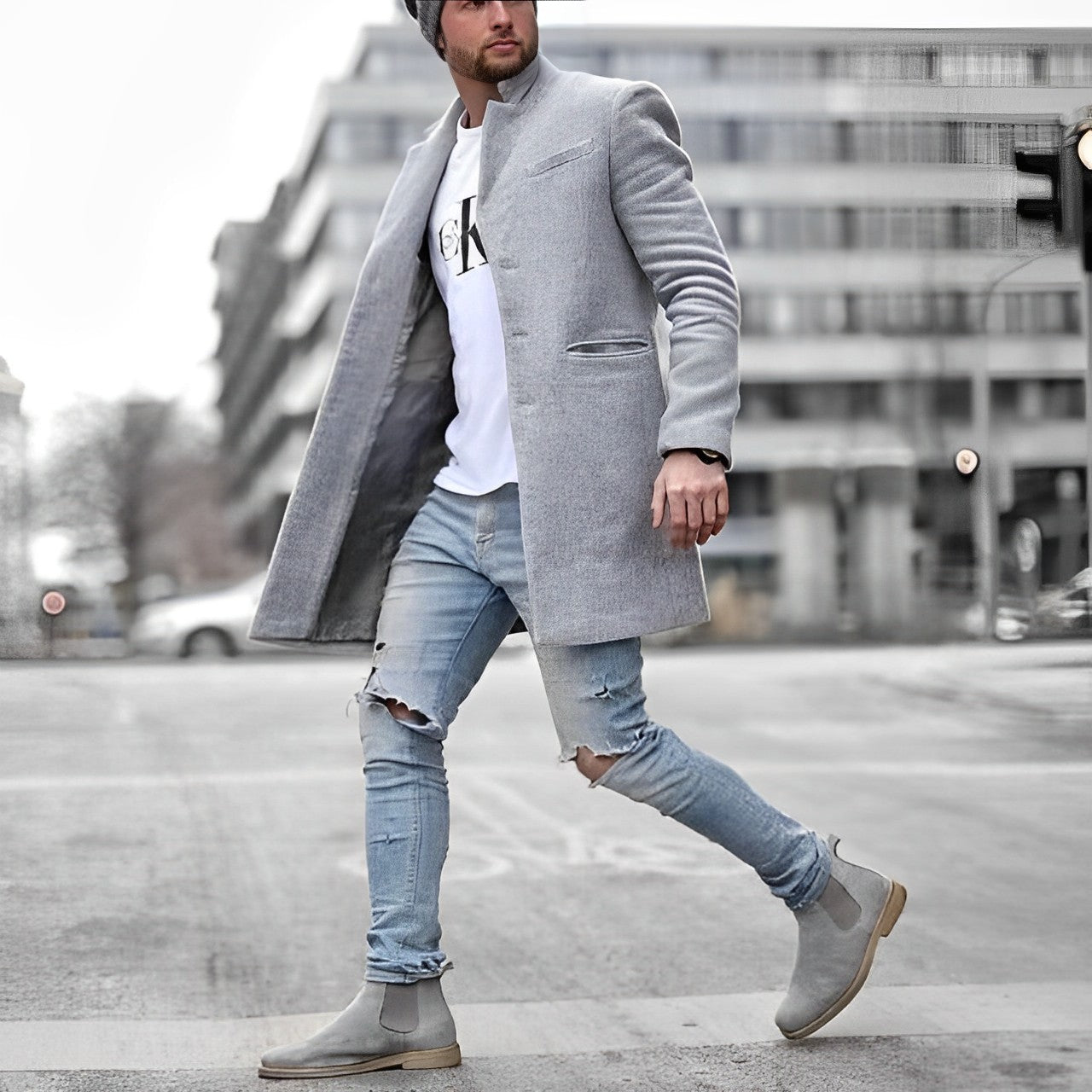 Eleganter Herren-Wollmantel in Grau – Stilvoller Mantel mit Reverskragen für den modernen Look