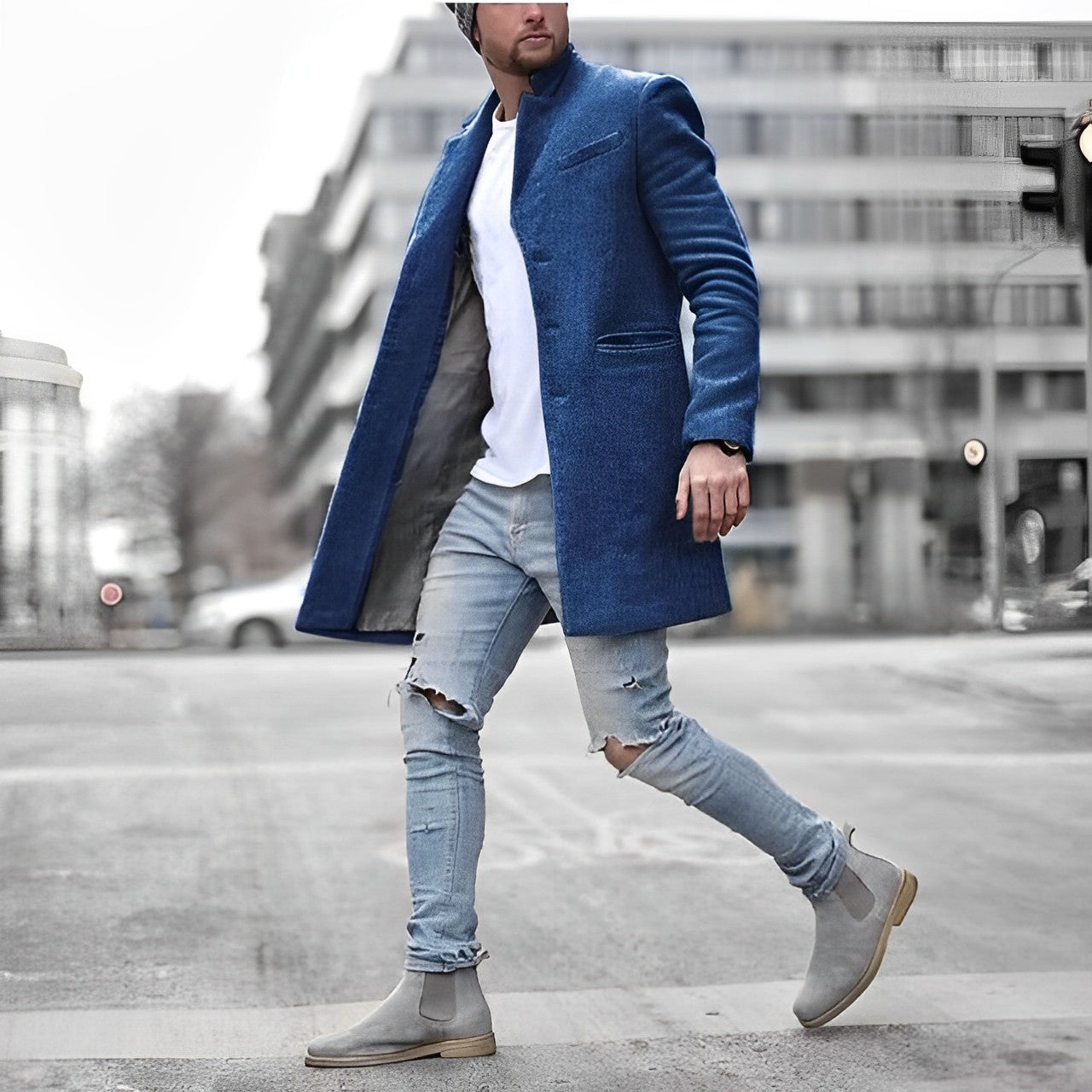 Eleganter Herren-Wollmantel in Grau – Stilvoller Mantel mit Reverskragen für den modernen Look