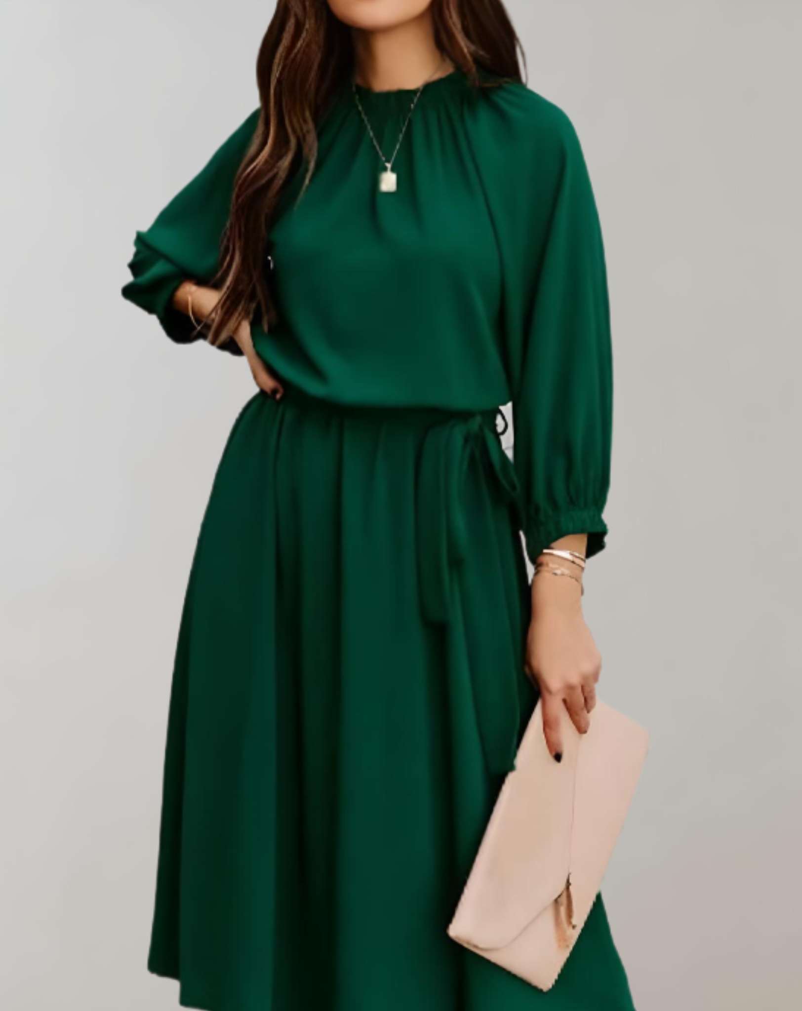 Vanesa -  Kleid mit Rundhalsausschnitt langen Puffärmeln und Schleifenband Kleid