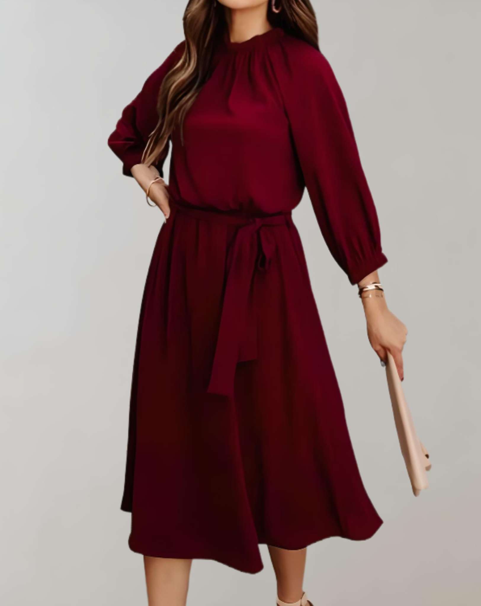 Vanesa -  Kleid mit Rundhalsausschnitt langen Puffärmeln und Schleifenband Kleid