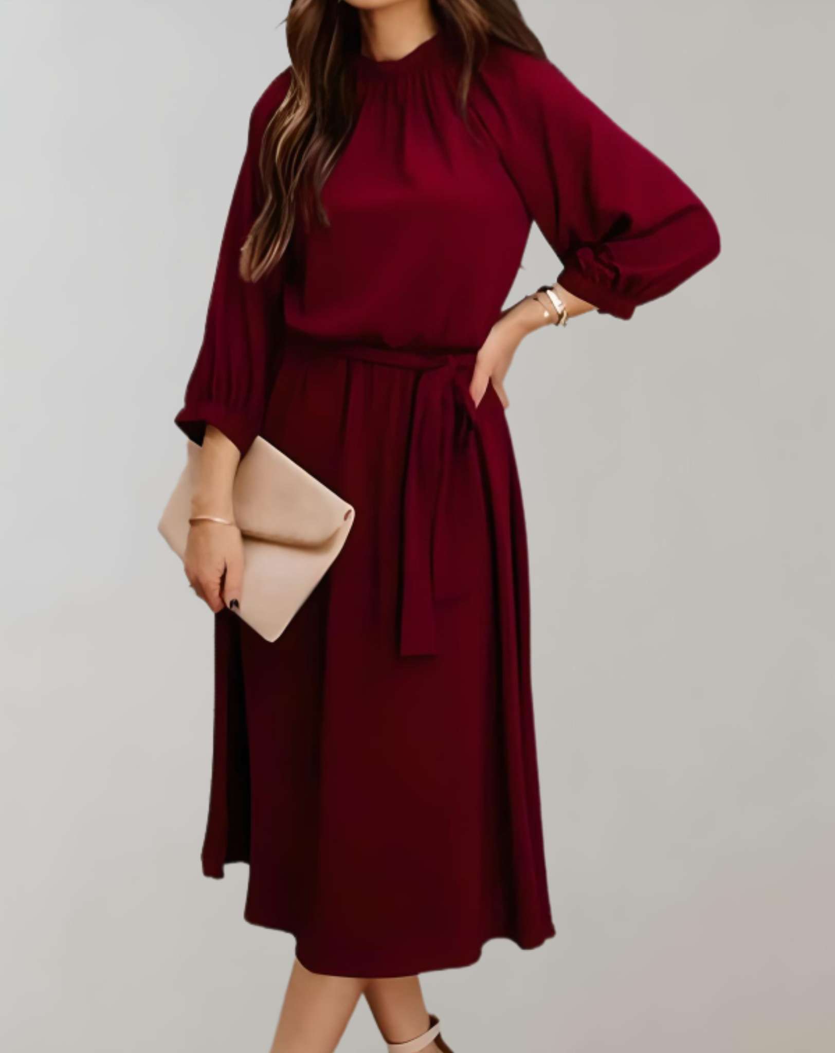 Vanesa -  Kleid mit Rundhalsausschnitt langen Puffärmeln und Schleifenband Kleid