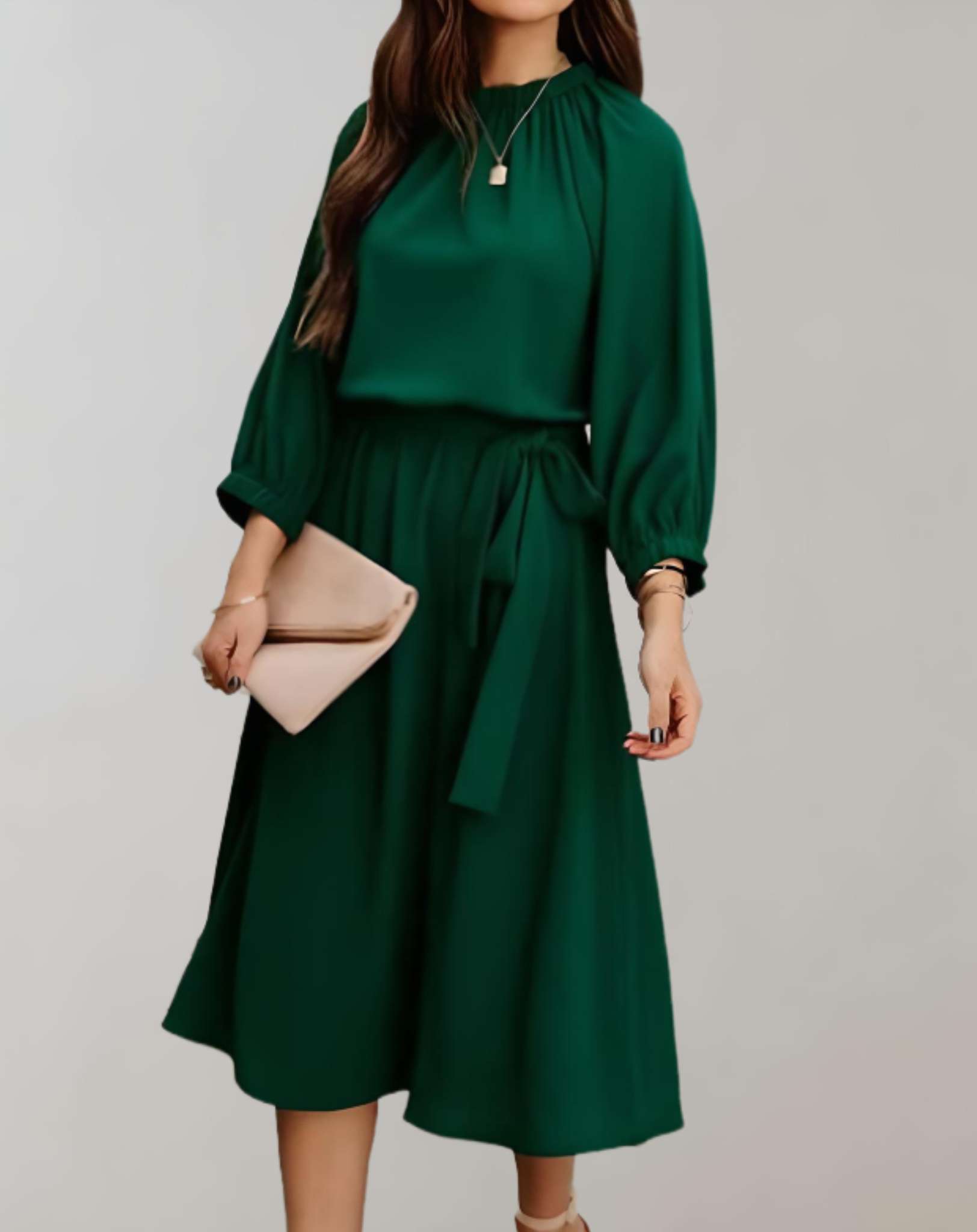 Vanesa -  Kleid mit Rundhalsausschnitt langen Puffärmeln und Schleifenband Kleid