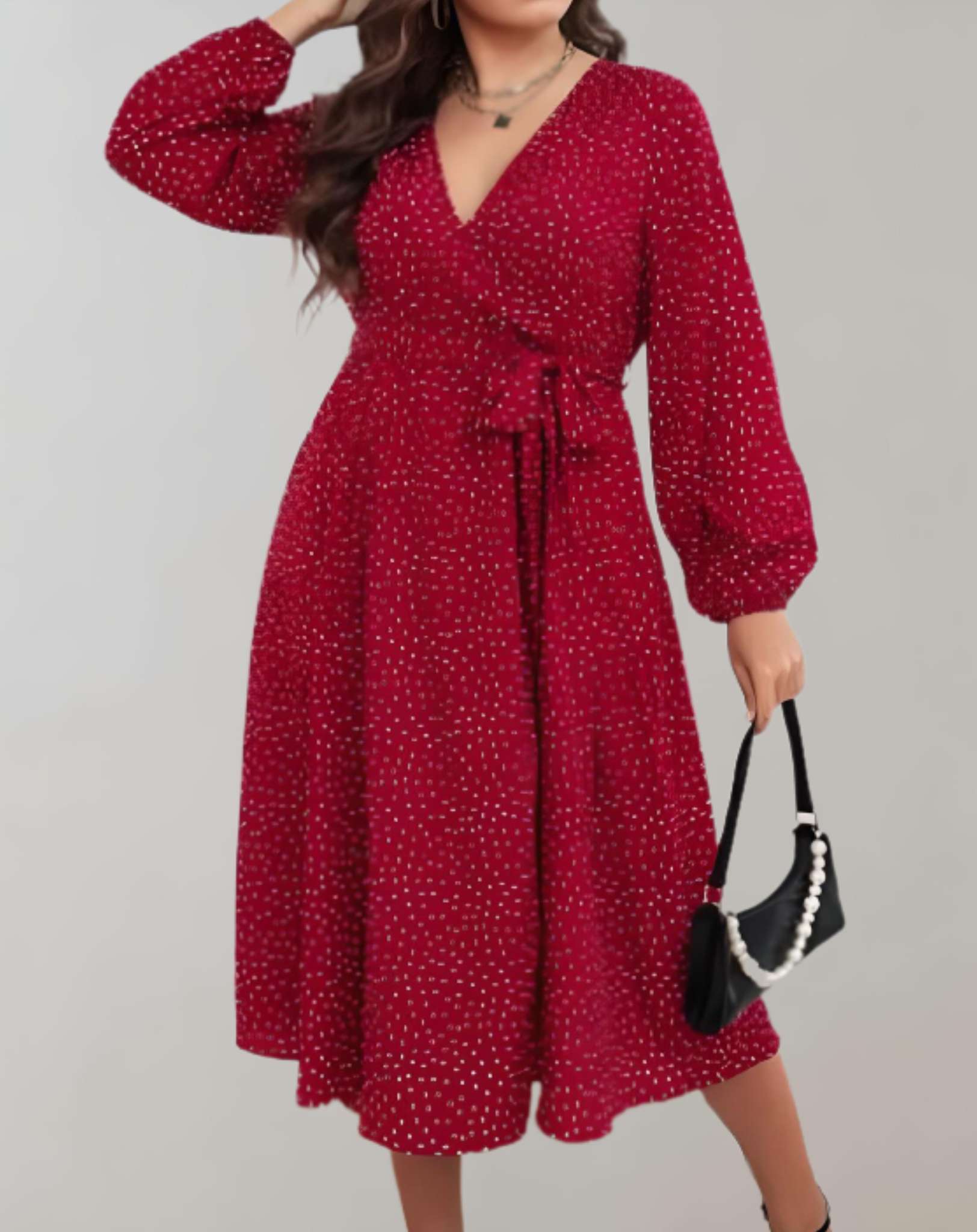 Vivian -  Rotes mittellanges Kleid mit tiefem V Ausschnitt und seitlichem Bindeband Kleid