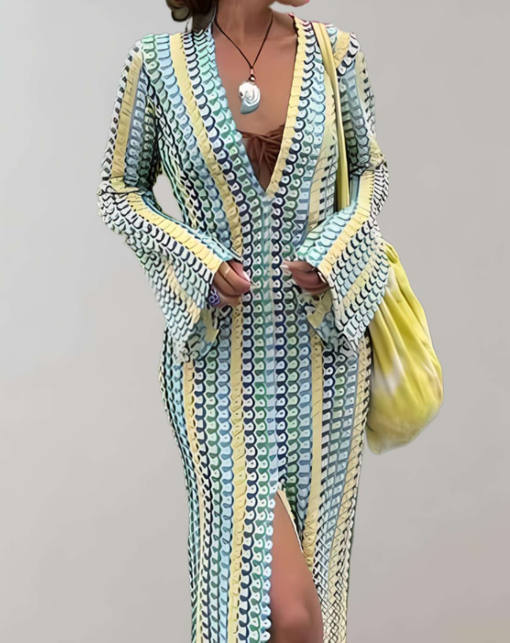 Willa - Gestreiftes gehäkeltes langes Kleid aus geteiltem Strick mit tiefem V Ausschnitt Kleid