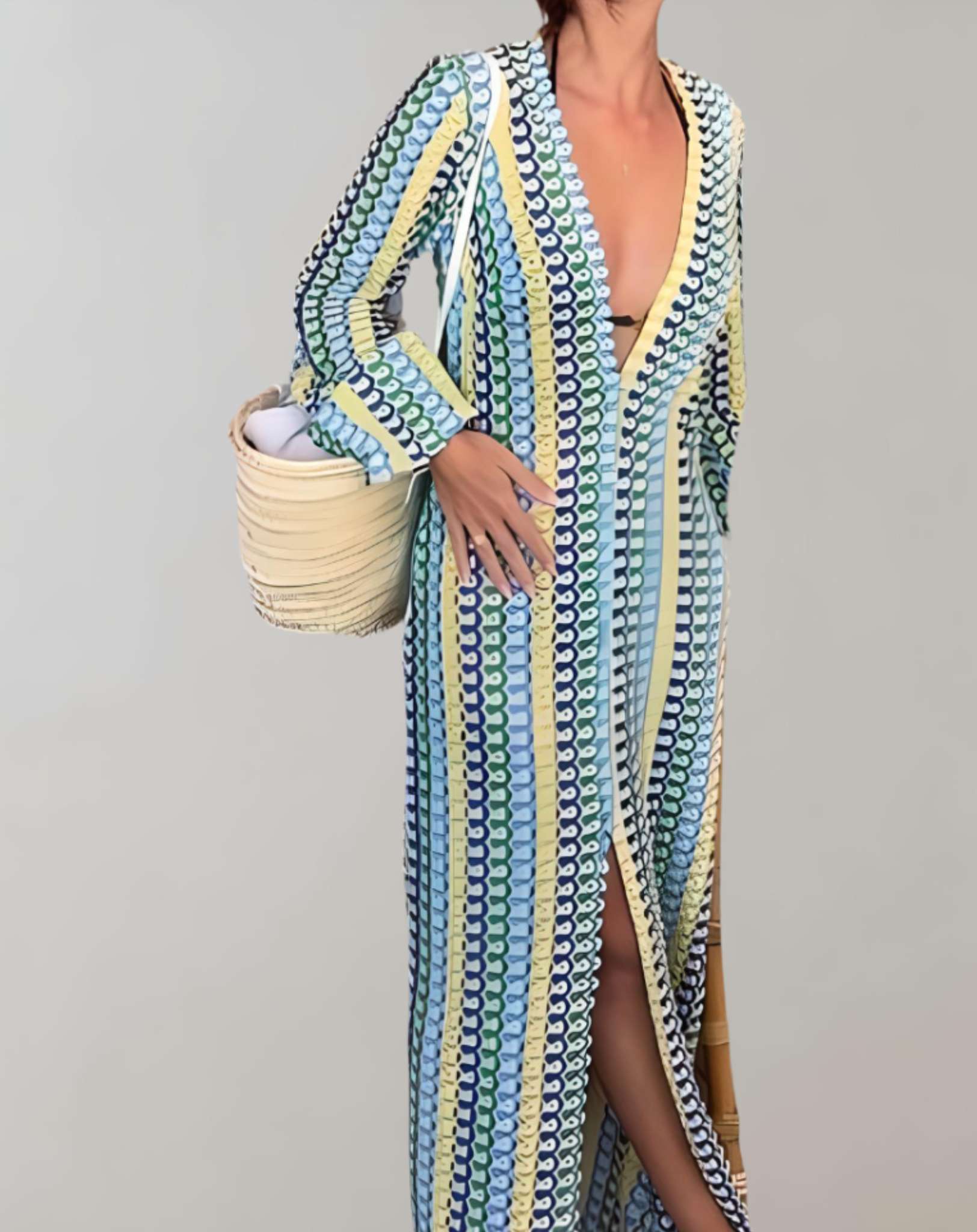 Willa - Gestreiftes gehäkeltes langes Kleid aus geteiltem Strick mit tiefem V Ausschnitt Kleid