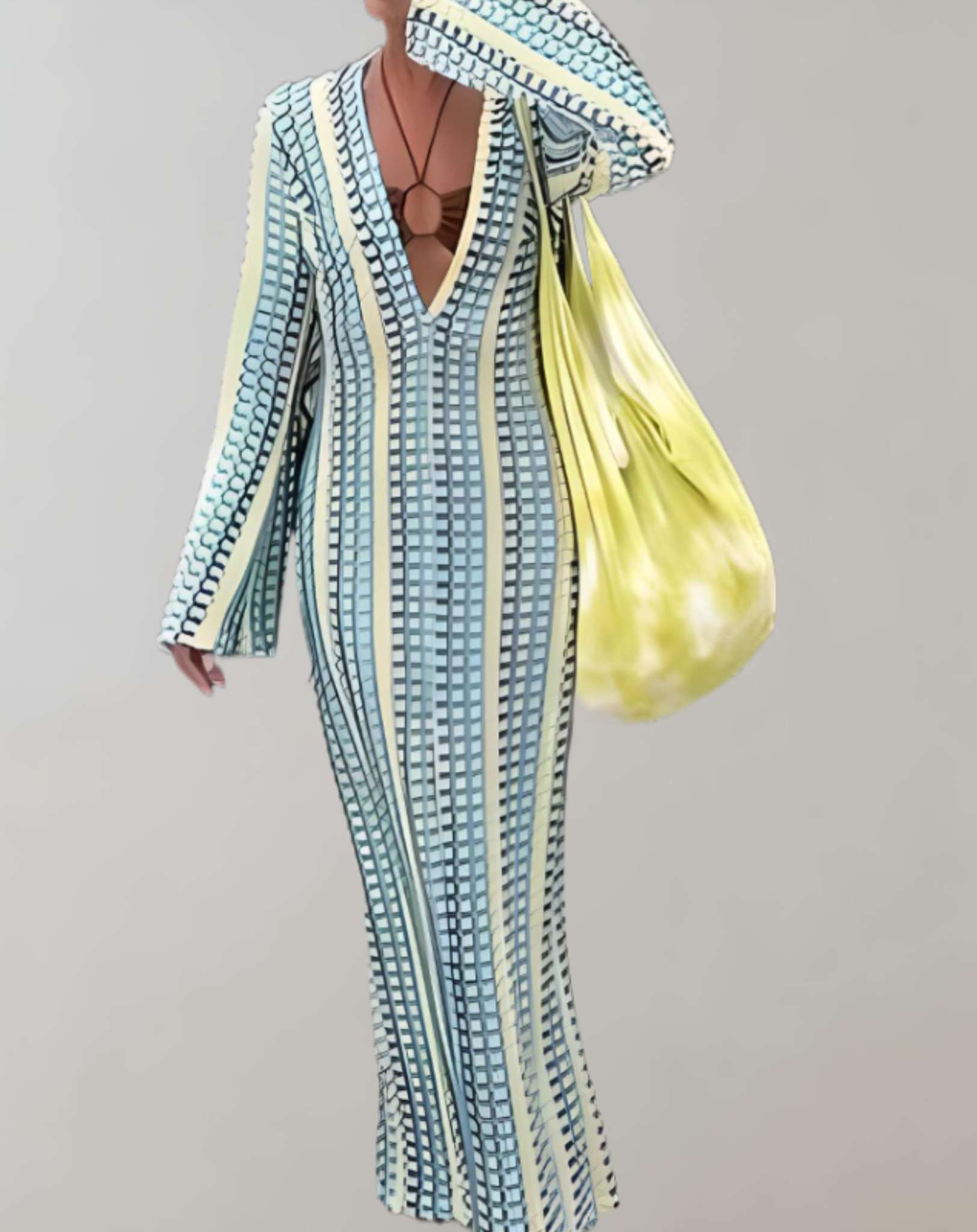 Willa - Gestreiftes gehäkeltes langes Kleid aus geteiltem Strick mit tiefem V Ausschnitt Kleid