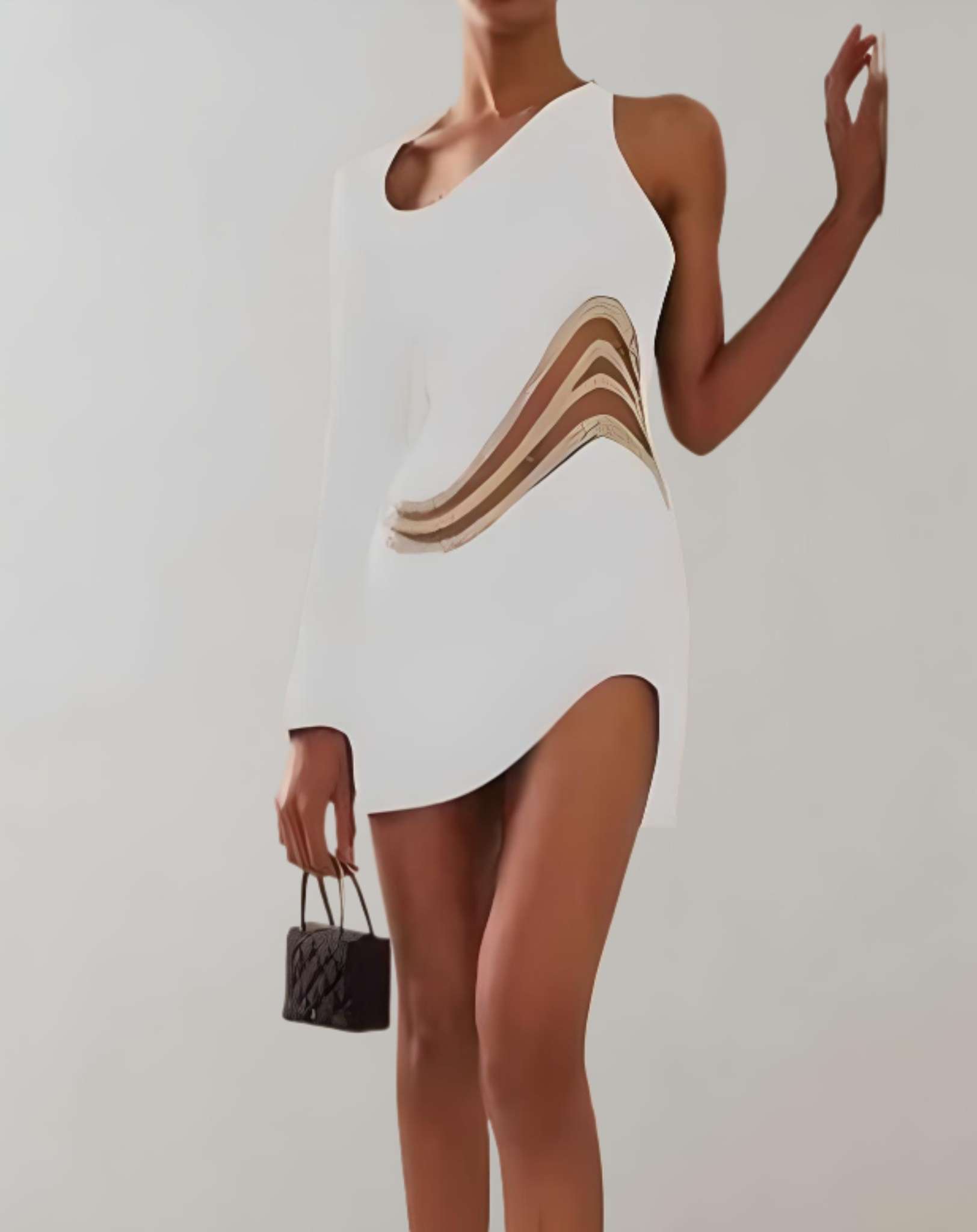 Yorie - One Shoulder Minikleid mit einem langen Ärmel und Musterdruck in der Mitte Kleid