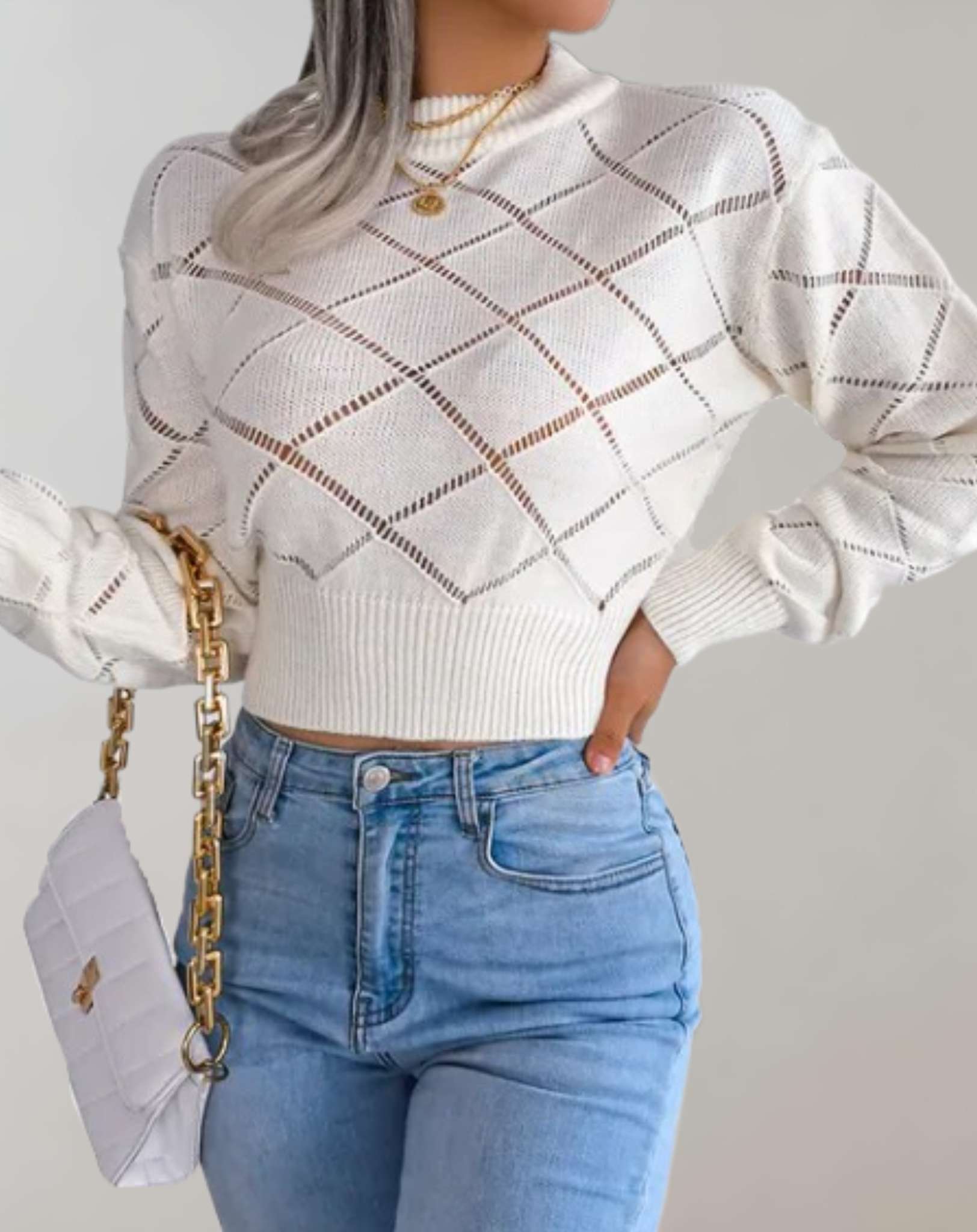 Zaina - Kurz geschnittene Strickpullover mit Rundhalsausschnitt und Hohlmuster Sweater