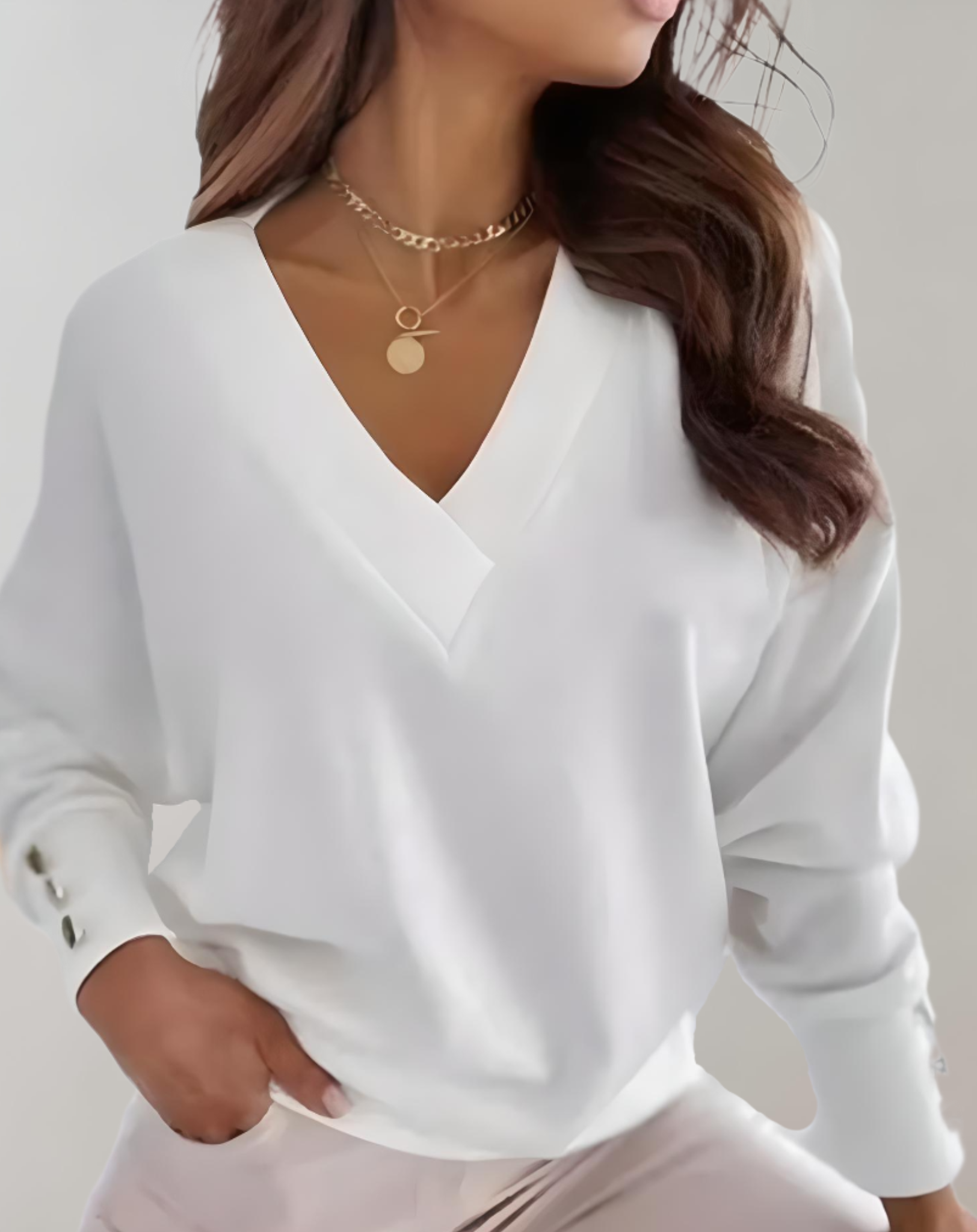 Andrea- Pullover mit tiefem V Ausschnitt für Damen und Knopfdesign Pullover