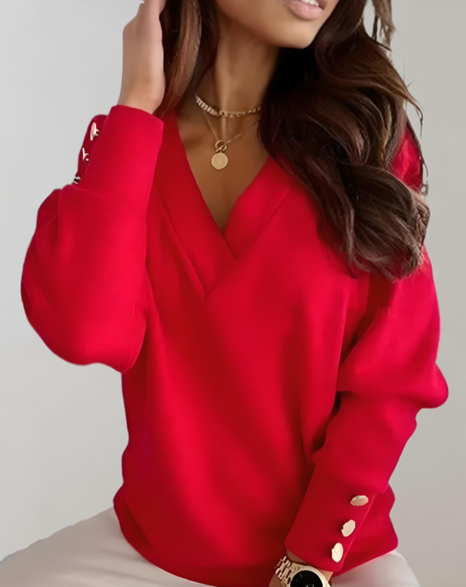 Andrea- Pullover mit tiefem V Ausschnitt für Damen und Knopfdesign Pullover
