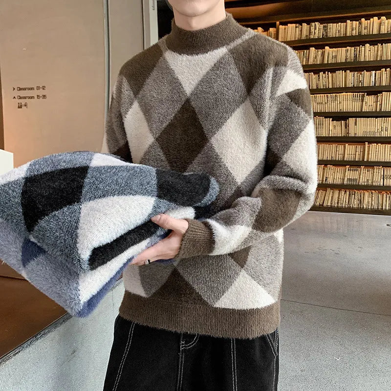 Stylische Herren Strickpullover mit Gestreiftem Diamantmuster für den Winter