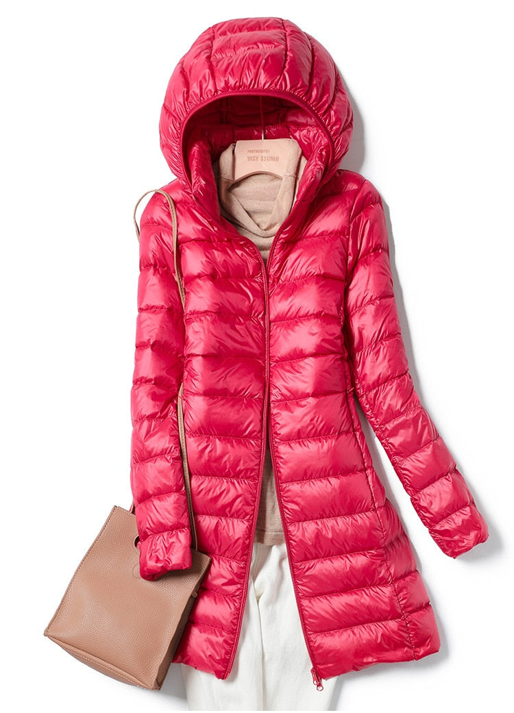 Damen Winter-Daunenjacke mit Kapuze – Leichte, Lang geschnittene Steppjacke