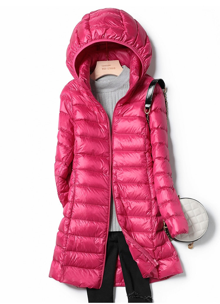 Damen Winter-Daunenjacke mit Kapuze – Leichte, Lang geschnittene Steppjacke