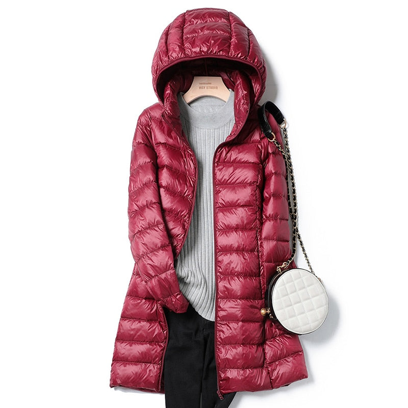 Damen Winter-Daunenjacke mit Kapuze – Leichte, Lang geschnittene Steppjacke