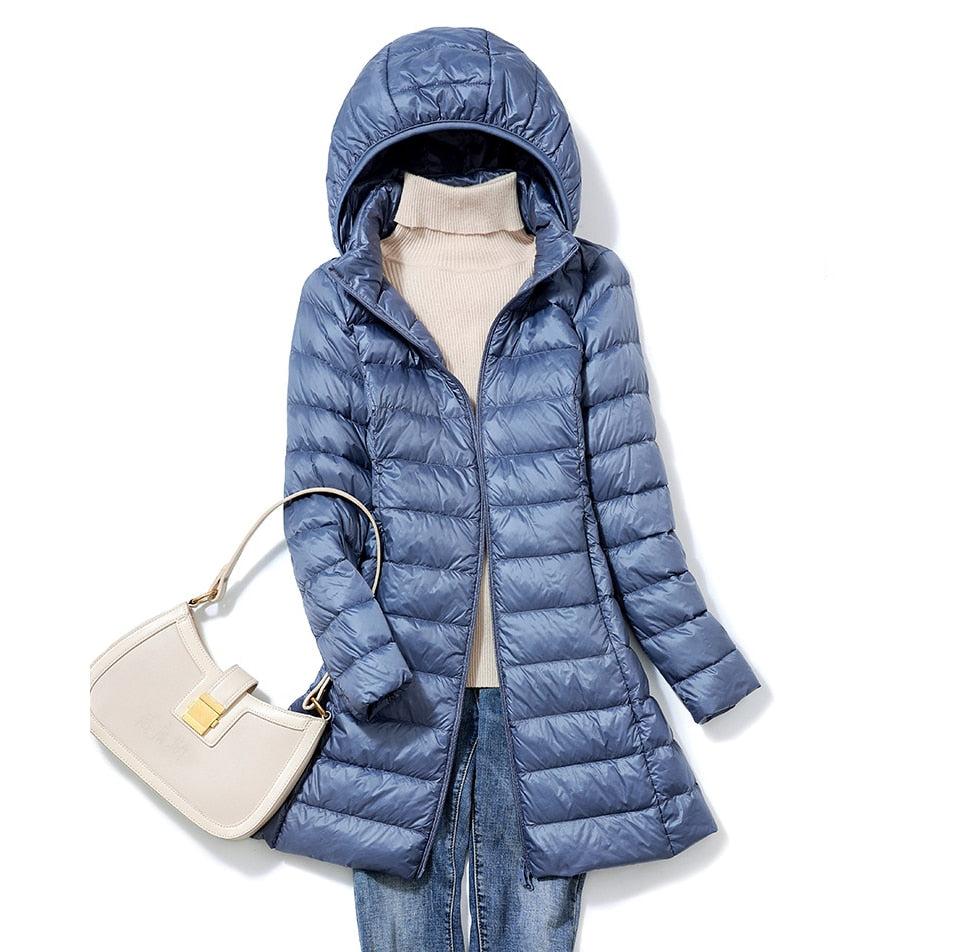 Damen Winter-Daunenjacke mit Kapuze – Leichte, Lang geschnittene Steppjacke