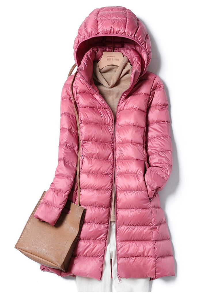 Damen Winter-Daunenjacke mit Kapuze – Leichte, Lang geschnittene Steppjacke
