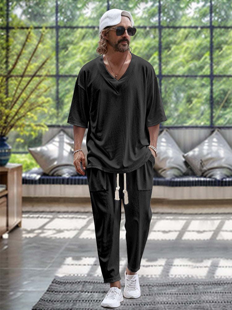 Lässiges Herren-Loungewear-Set mit V-Ausschnitt und Kordelzug-Hose – Bequem und Stilvoll