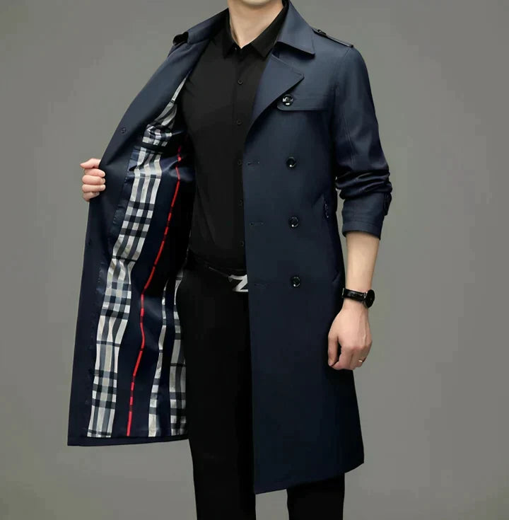 Edler Trenchcoat für Herren – stylische Longjacke in Dunkelblau mit kariertem Innenfutter