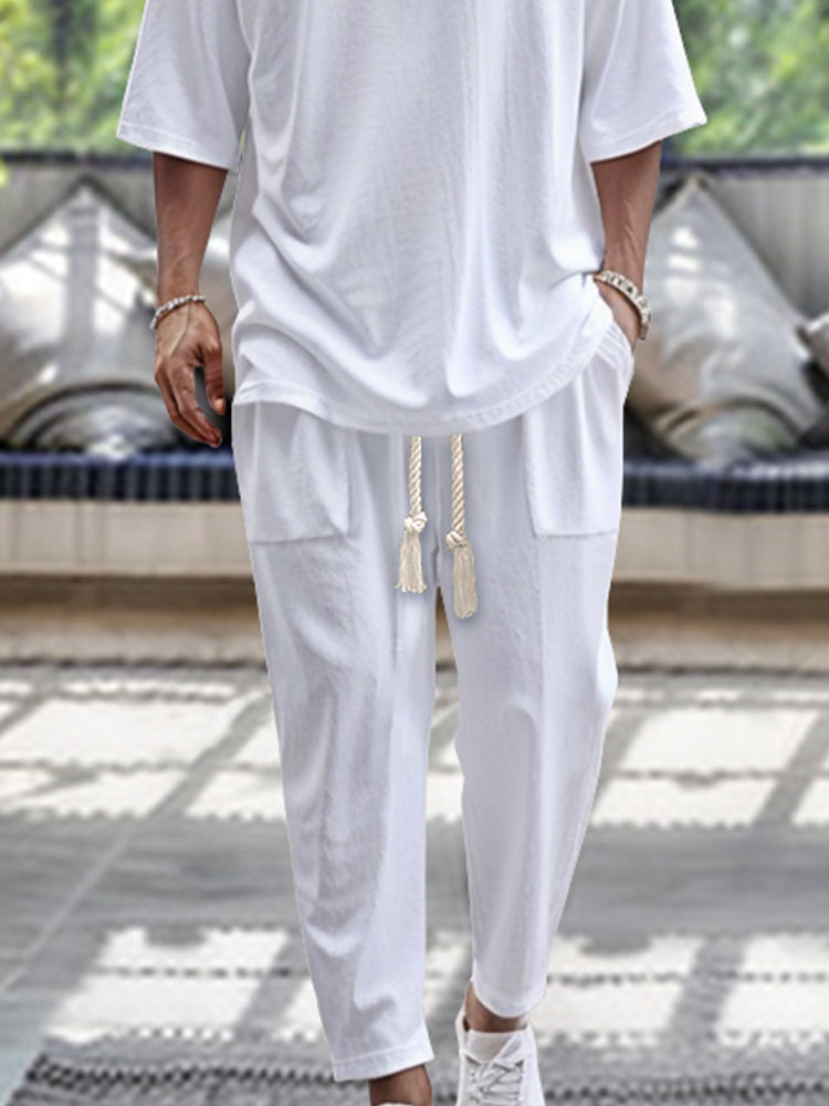 Lässiges Herren-Loungewear-Set mit V-Ausschnitt und Kordelzug-Hose – Bequem und Stilvoll