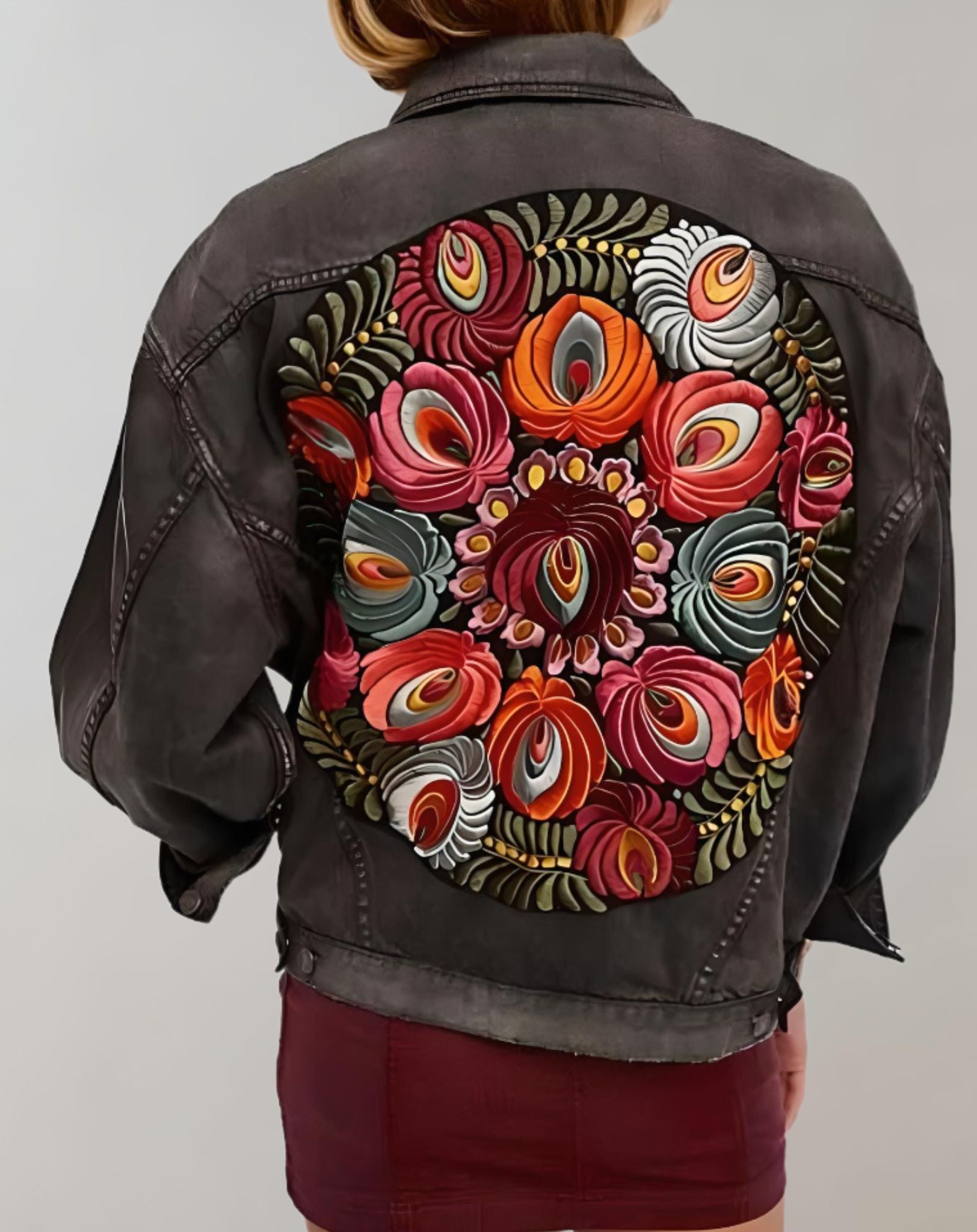 Jackie - Geknöpfte Jeansjacke mit großem Blumenstickmuster auf der Rückseite Jacke
