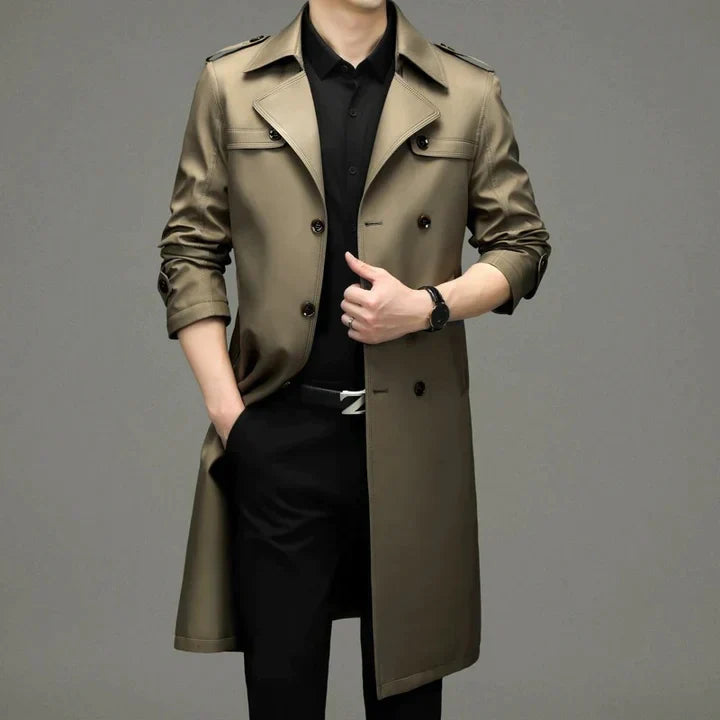 Edler Trenchcoat für Herren – stylische Longjacke in Dunkelblau mit kariertem Innenfutter