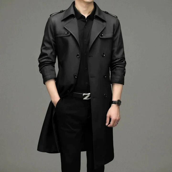 Edler Trenchcoat für Herren – stylische Longjacke in Dunkelblau mit kariertem Innenfutter