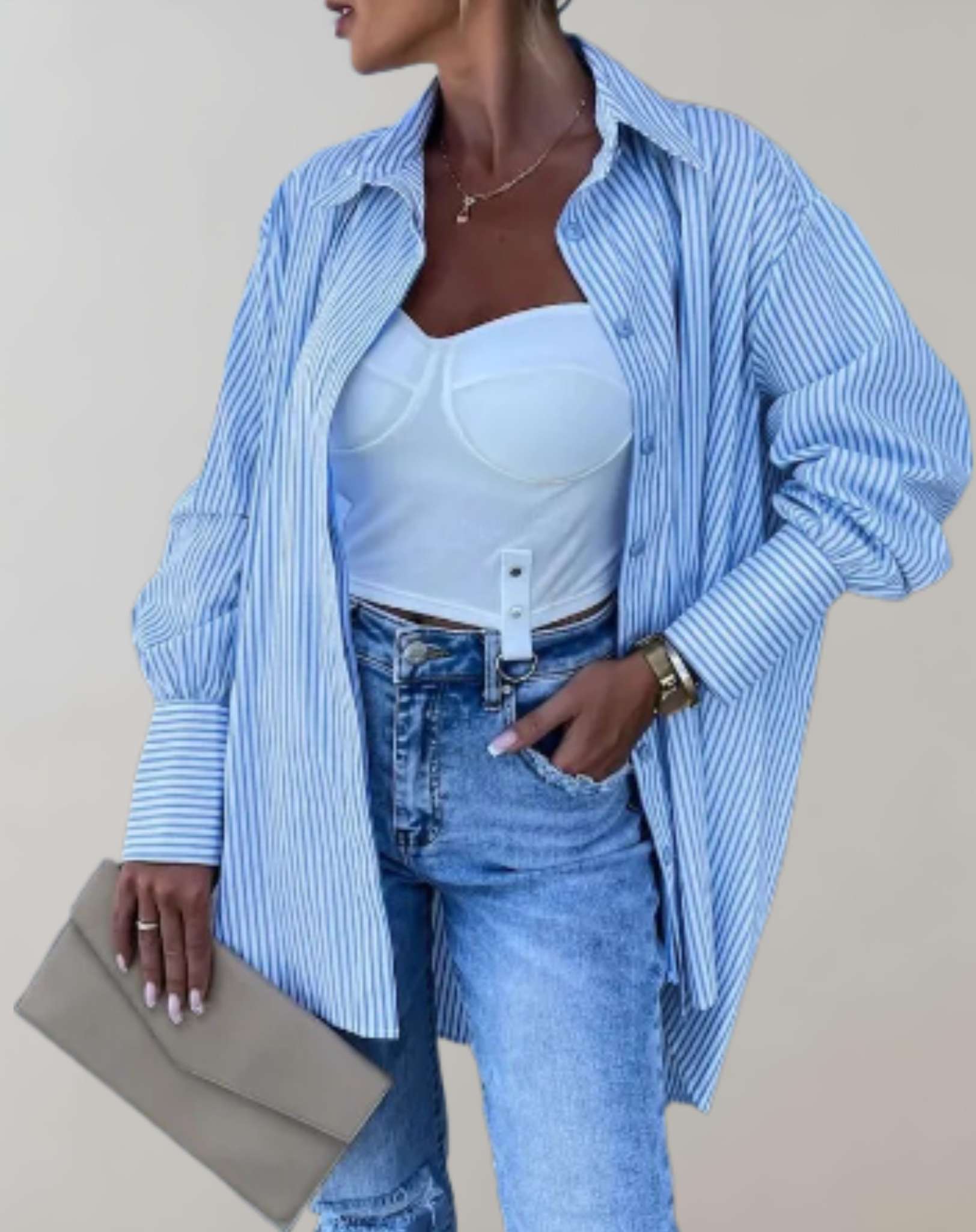 Sandra -  Übergroßes blaues Poloshirt mit Knöpfen und Streifenmuster Hemd