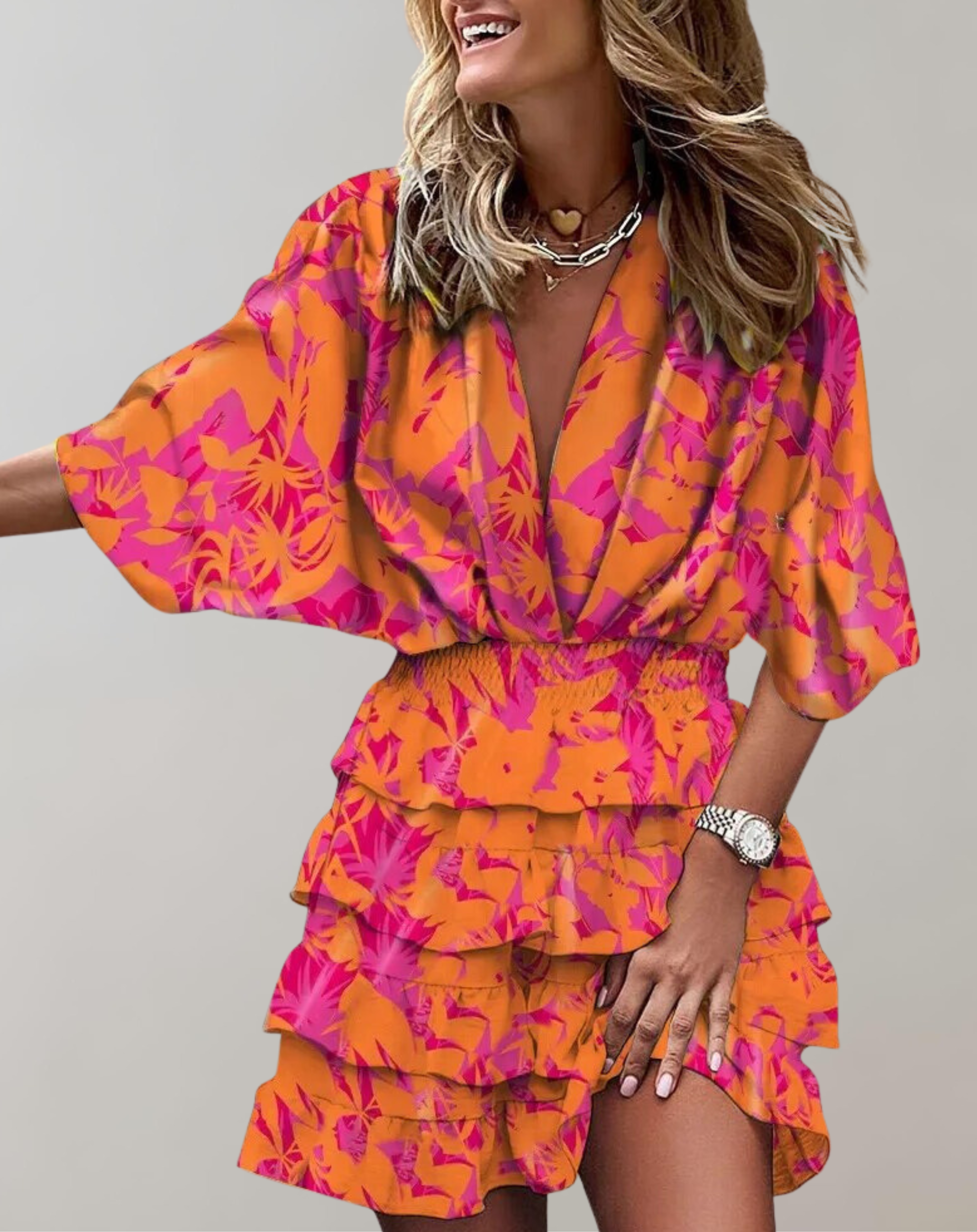 Nimfa - Ärmel V-Ausschnitt gerafftes Minikleid