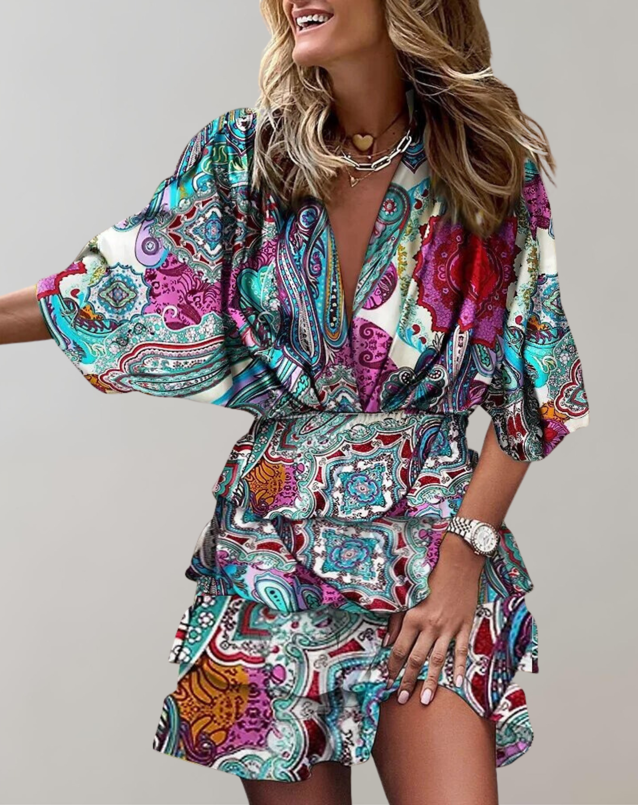 Nimfa - Ärmel V-Ausschnitt gerafftes Minikleid