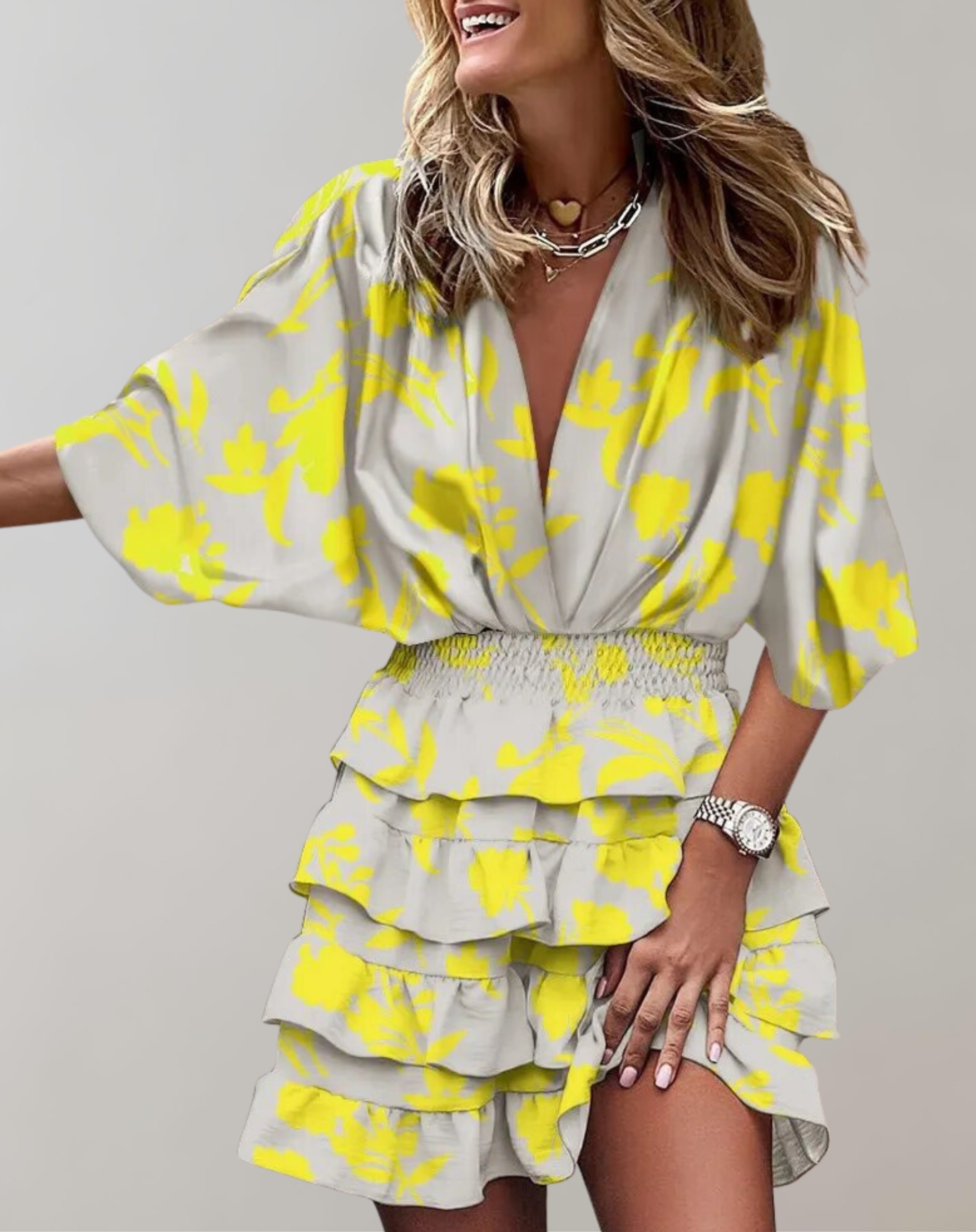 Nimfa - Ärmel V-Ausschnitt gerafftes Minikleid