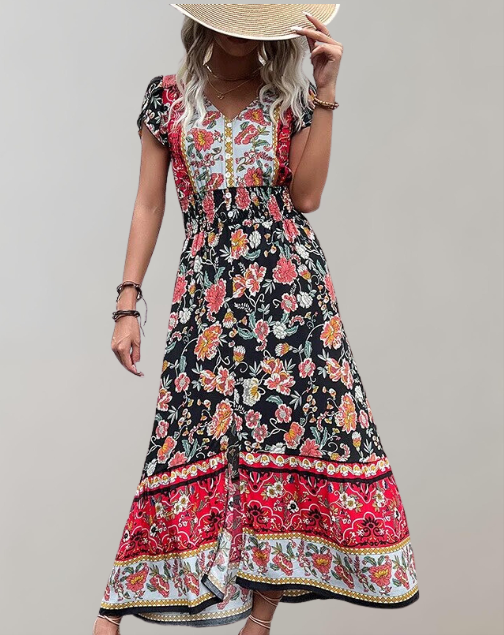 Marife - Damen Bohème Kleid V-Ausschnitt