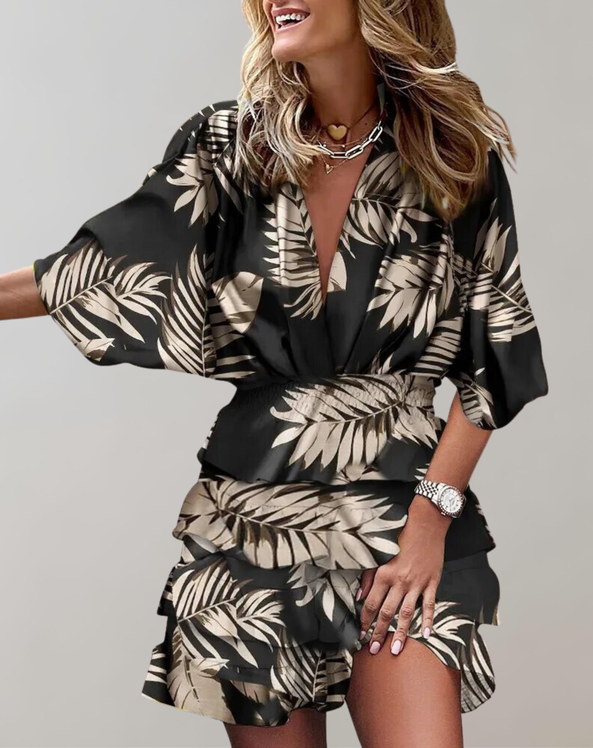 Nimfa - Ärmel V-Ausschnitt gerafftes Minikleid