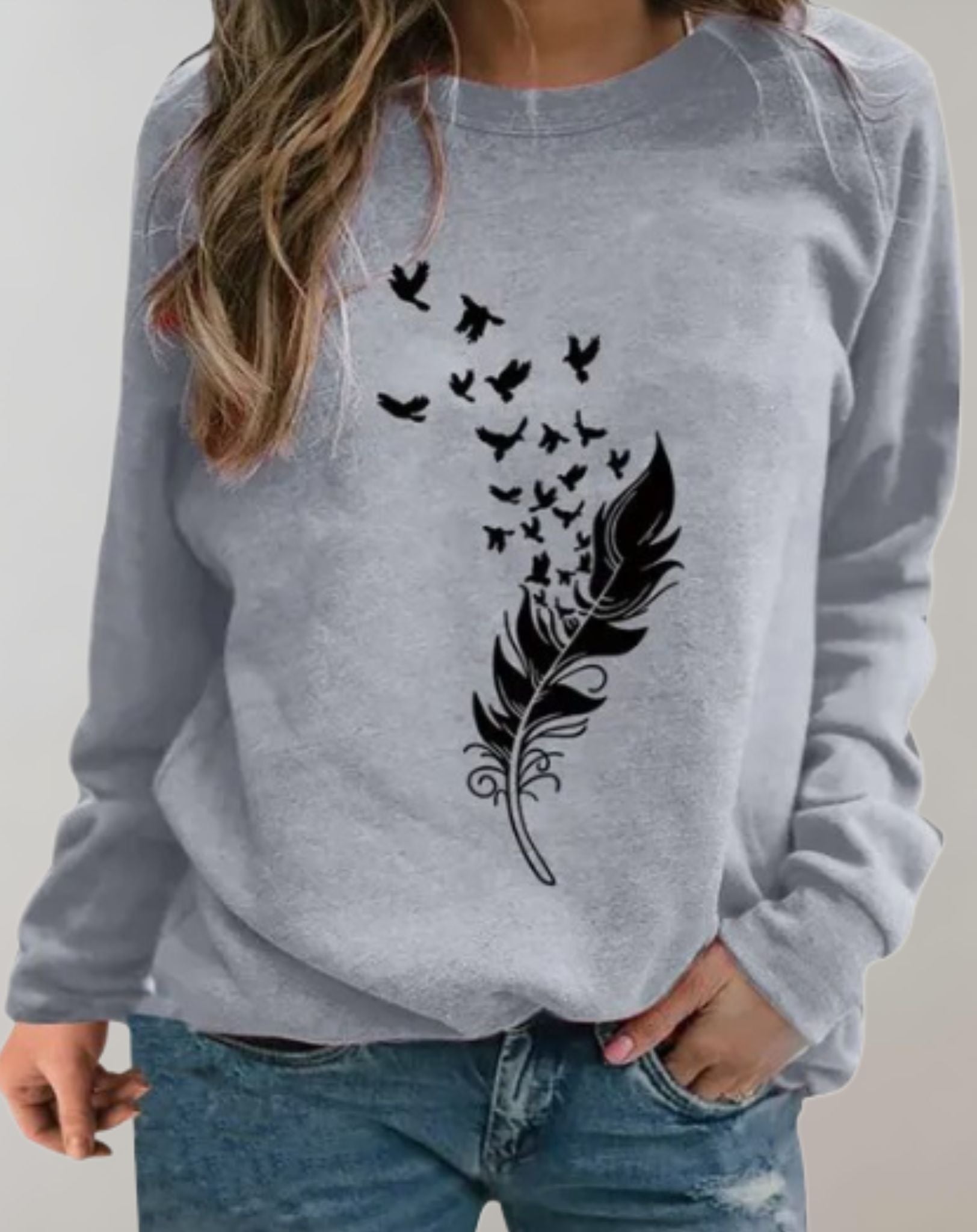 Analy -  Gut sitzender Rundhalspullover mit Feder und Vogelmuster Sweater
