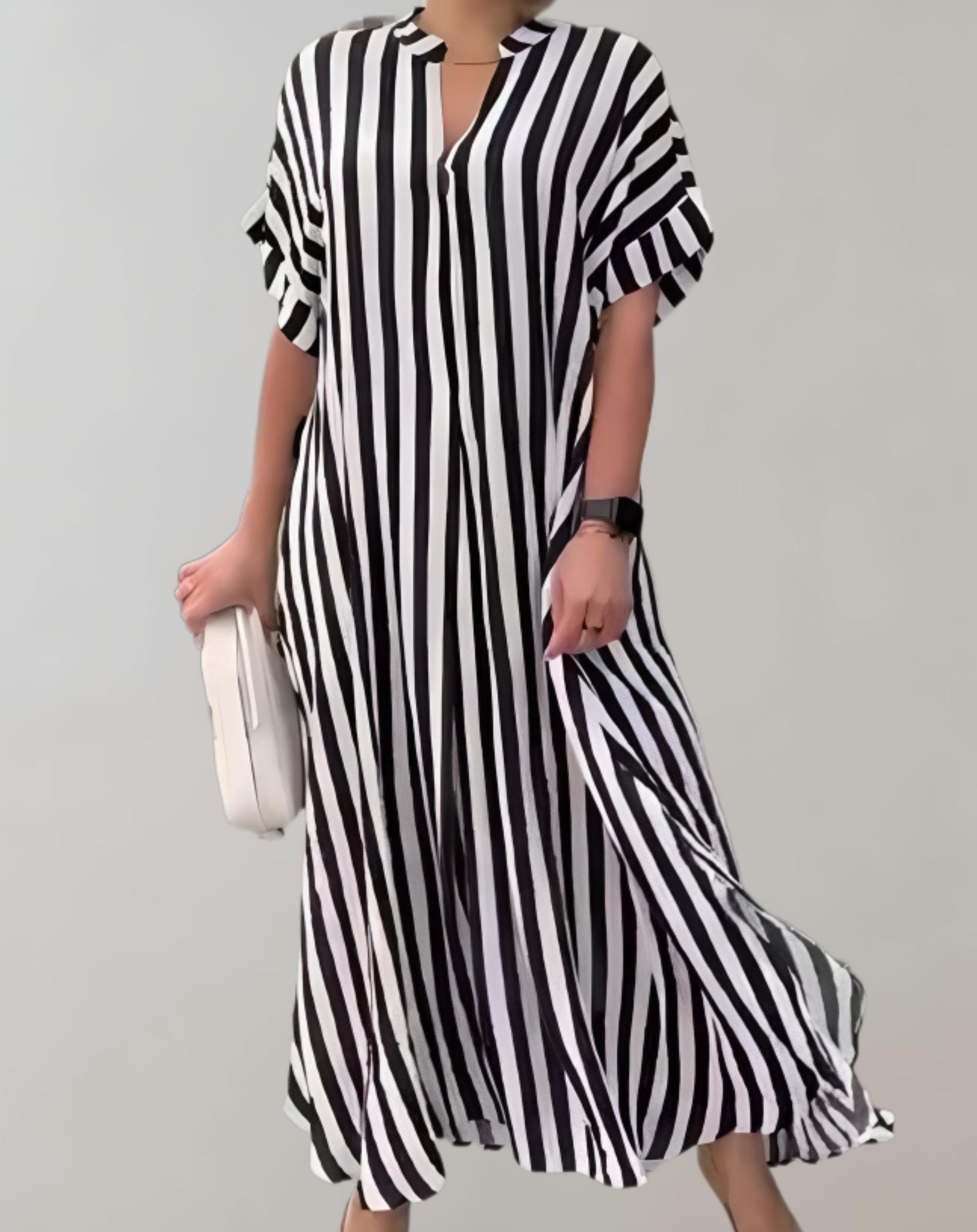 Athena - Lockeres Kleid mit tiefem V Ausschnitt Streifendesign und kurzen Ärmeln Kleid