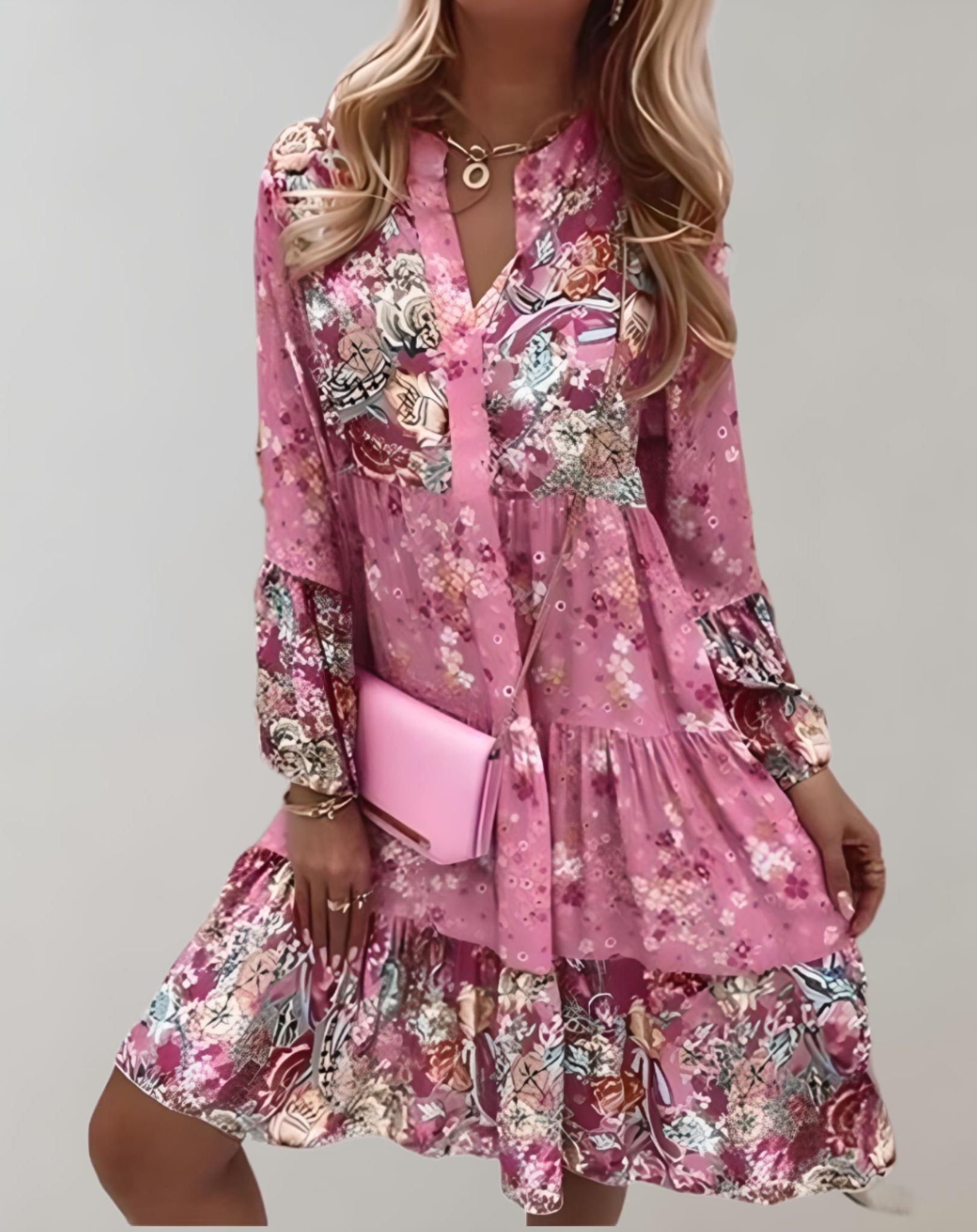 Emelie - Mini Rüschenkleid mit tiefem V Ausschnitt und langen Ärmeln Kleid
