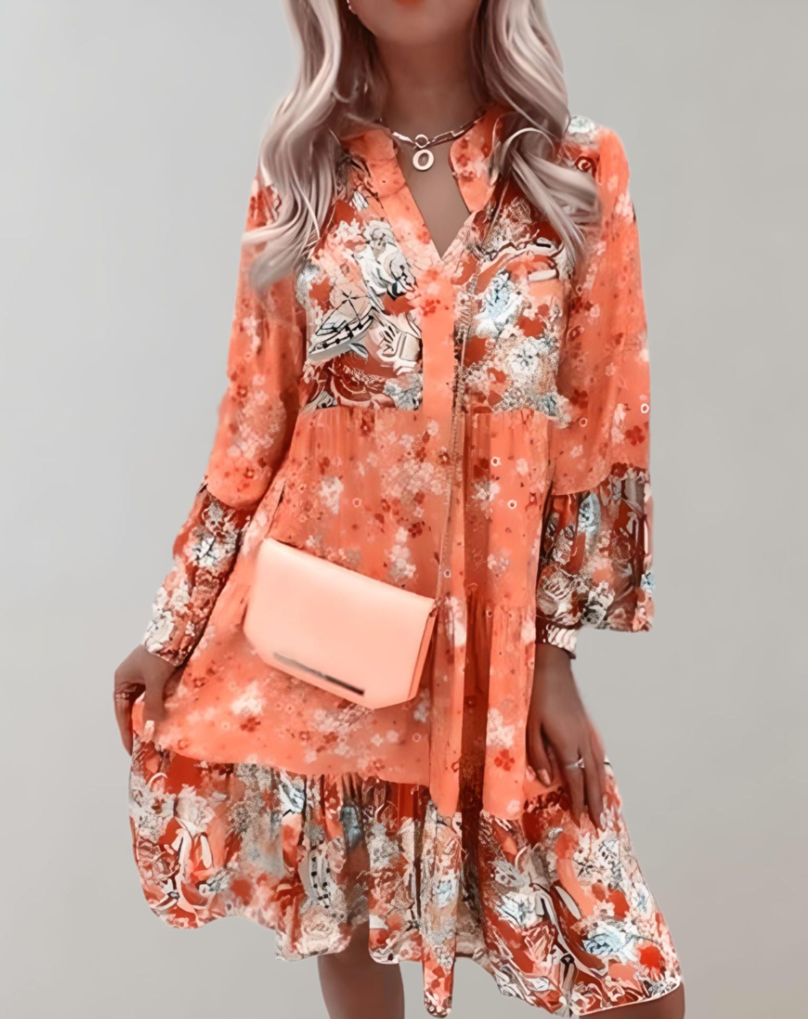 Emelie - Mini Rüschenkleid mit tiefem V Ausschnitt und langen Ärmeln Kleid