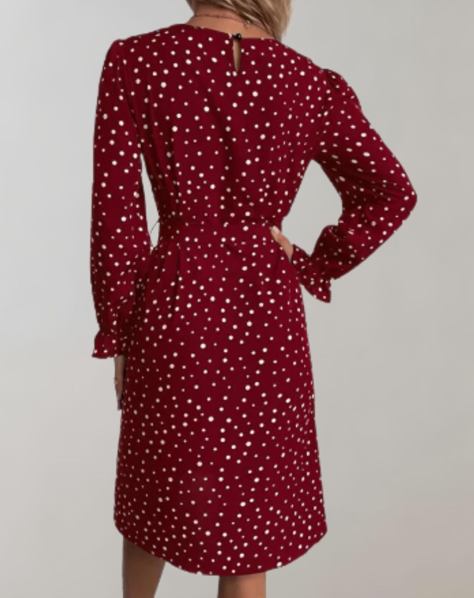 Claret - Rotes gut sitzendes Minikleid mit Mini Tupfenmuster und langen Ärmeln Kleid