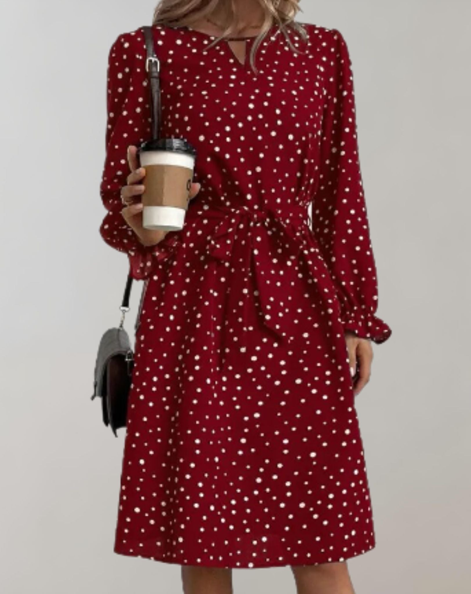Claret - Rotes gut sitzendes Minikleid mit Mini Tupfenmuster und langen Ärmeln Kleid