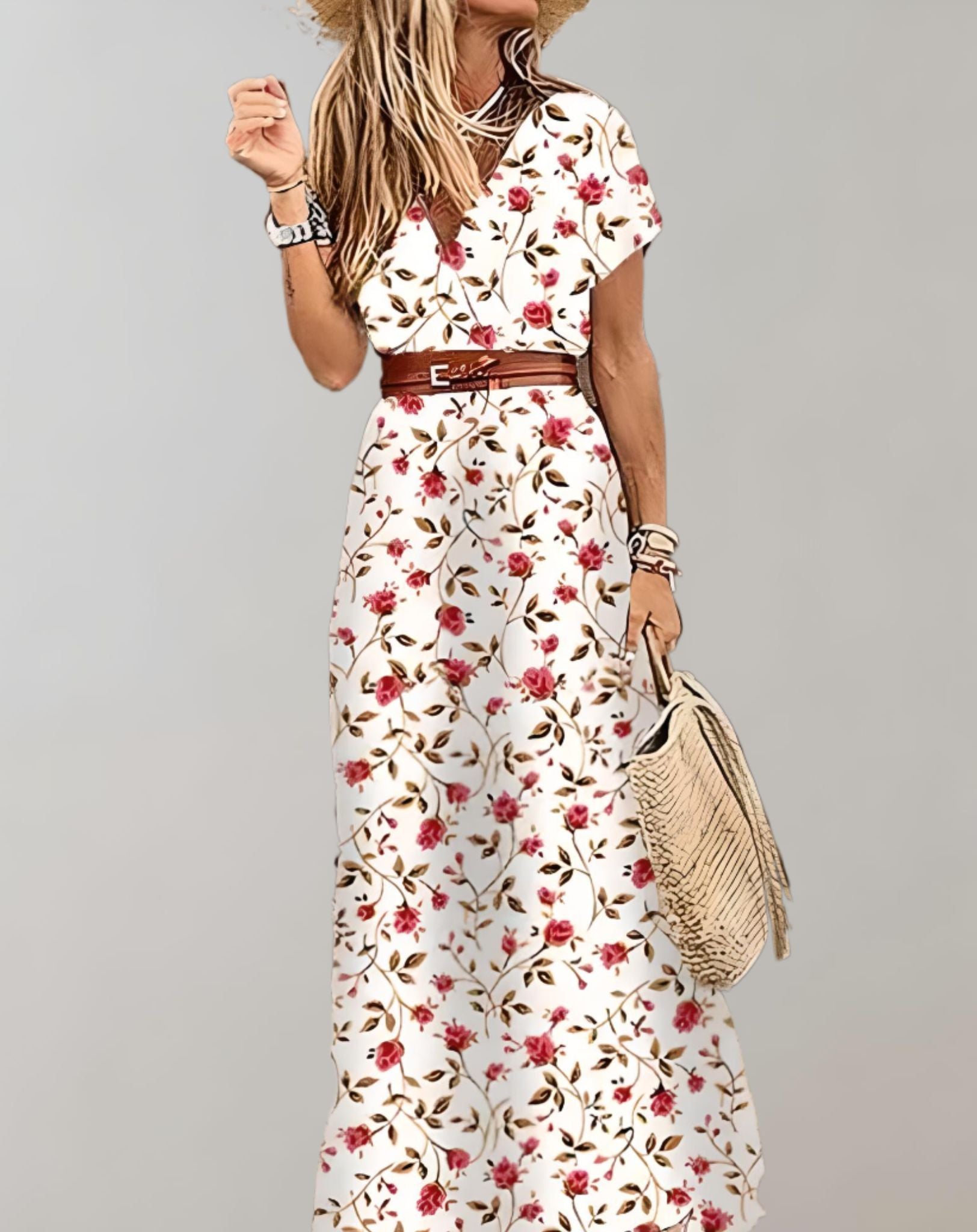 Cristina - Langes Kleid mit Gürtel hohem Schlitz und kurzen Ärmeln Kleid