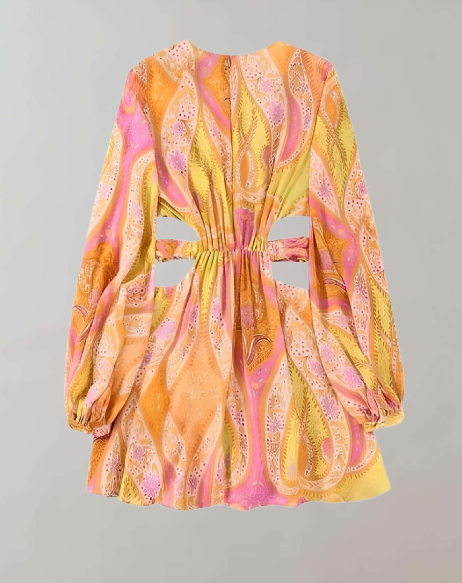 Irene - Rosa gelbes Minikleid mit tiefem V Ausschnitt aus weichem und fließendem Stoff Kleid