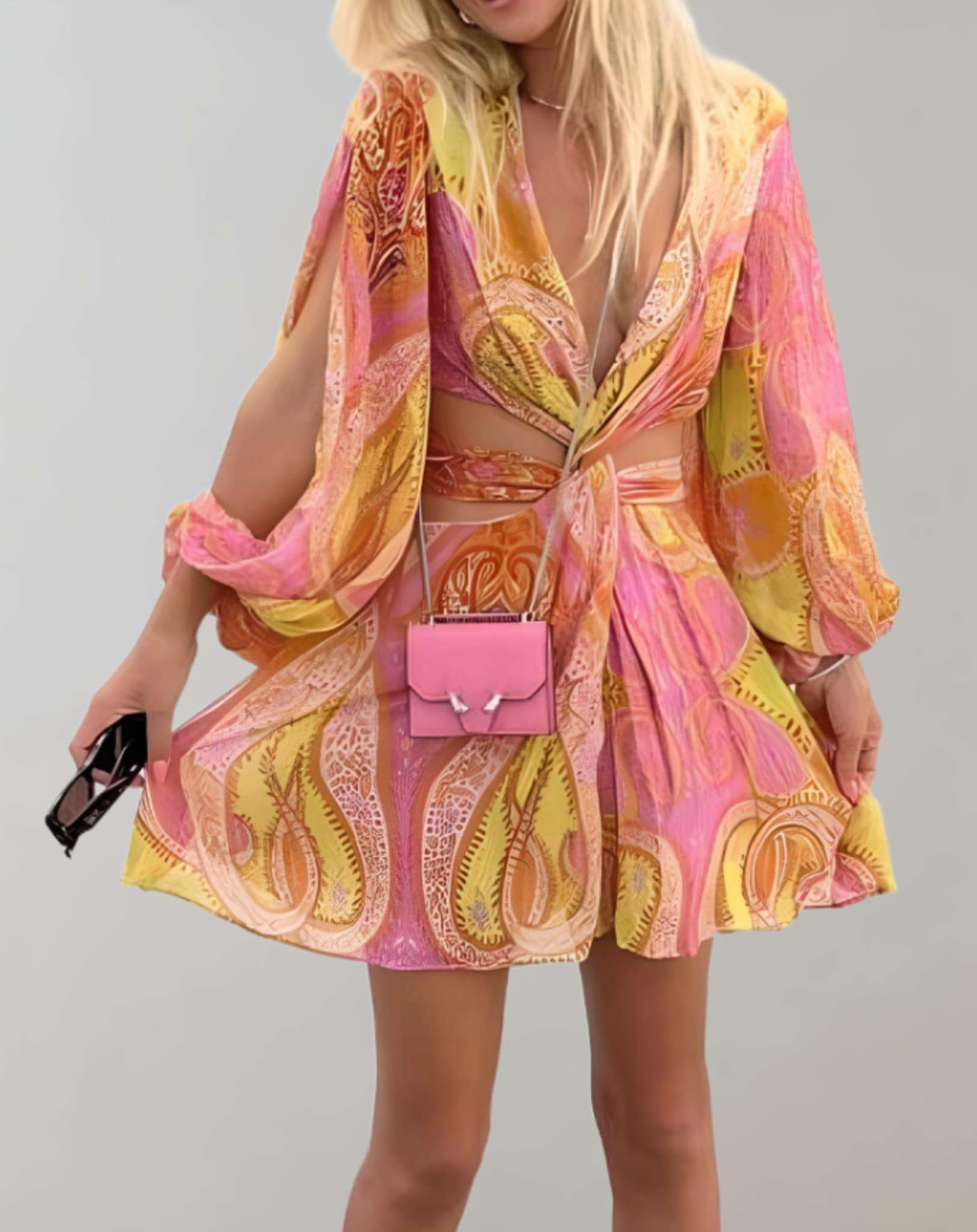 Irene - Rosa gelbes Minikleid mit tiefem V Ausschnitt aus weichem und fließendem Stoff Kleid