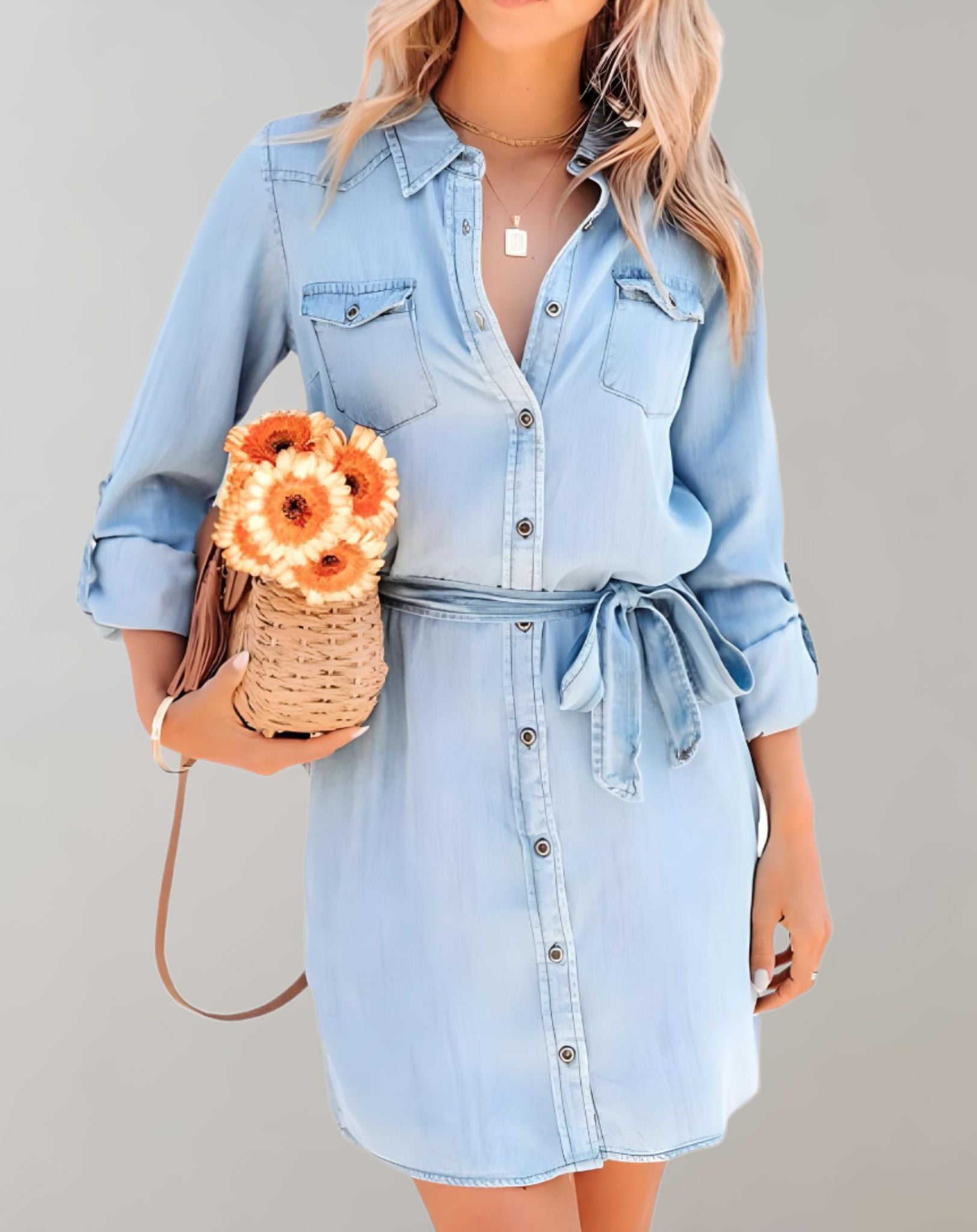 Kiera - Jeans Minikleid mit Knöpfen Brusttaschen und langen Ärmeln Kleid