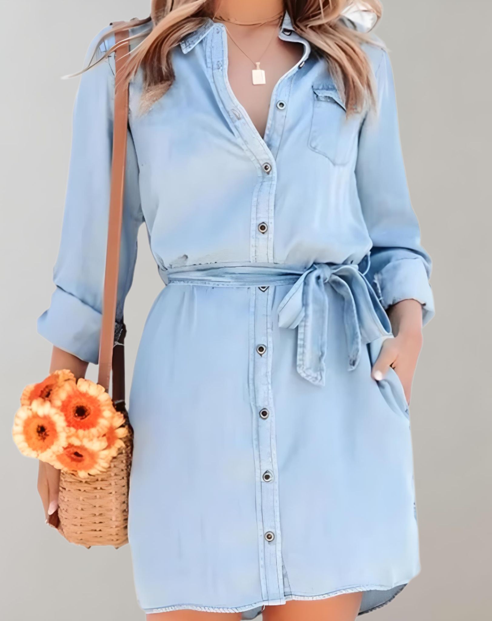 Kiera - Jeans Minikleid mit Knöpfen Brusttaschen und langen Ärmeln Kleid